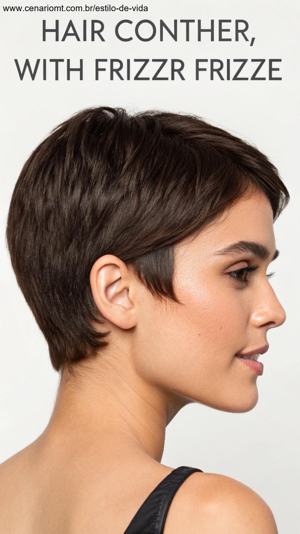 Pessoa com cabelo curto e liso, mostrando o benefício de menos frizz em diversas condições climáticas.