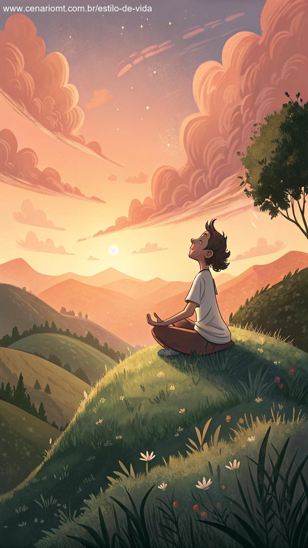 Pessoa alegre meditando no topo de uma colina ao pôr do sol.