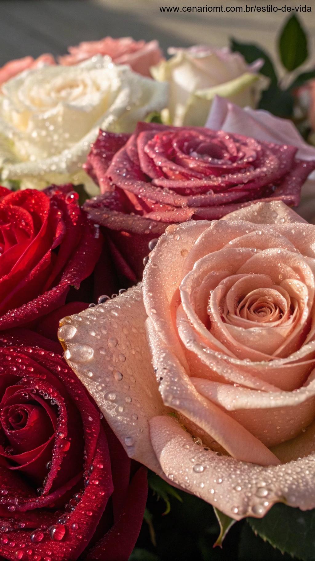 Rosas de diferentes cores com gotas de orvalho.