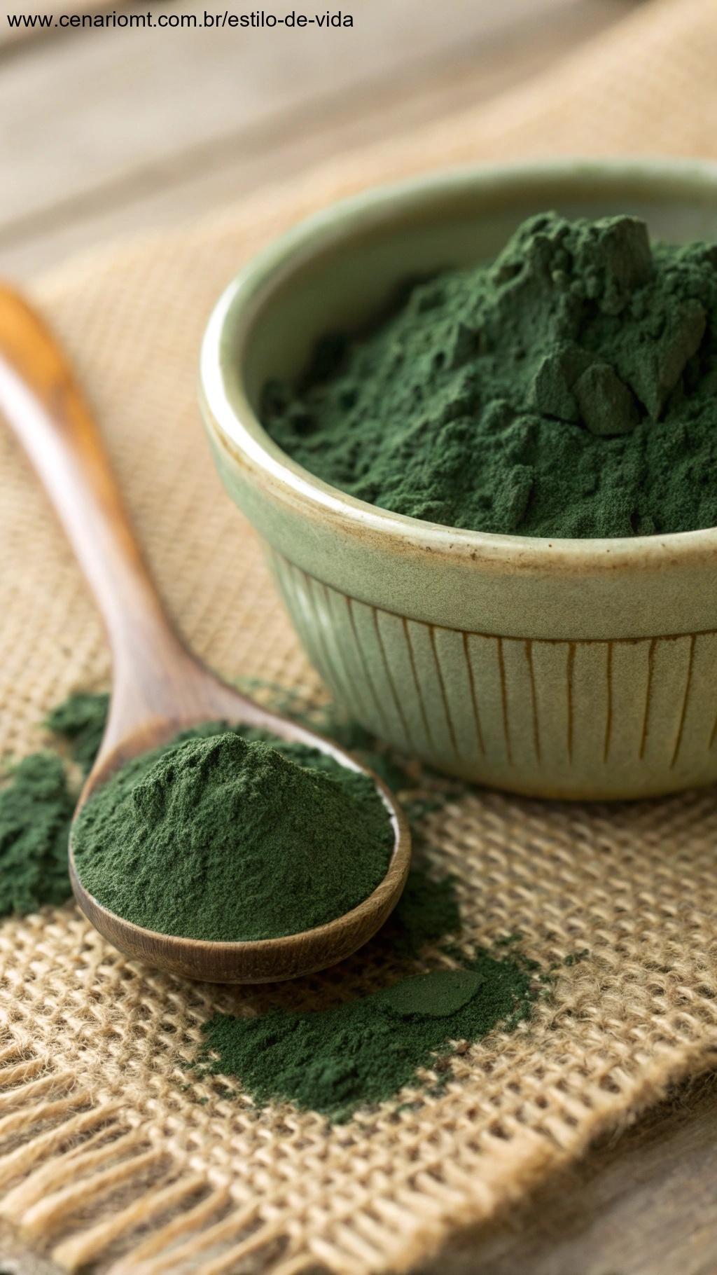 Um close-up do pó de spirulina em uma pequena tigela de cerâmica, ao lado de uma colher cheia do pó, com um fundo natural e terroso.