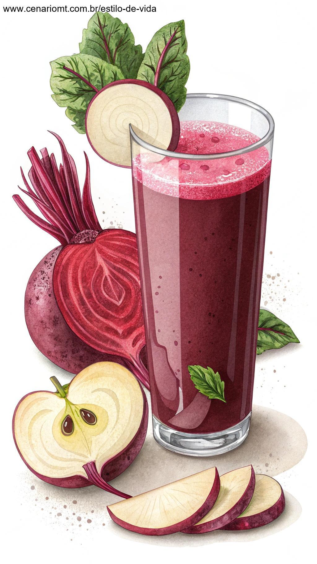 Suco vibrante feito com beterraba fresca e maçã, servido em um copo alto com uma fatia de beterraba na borda.