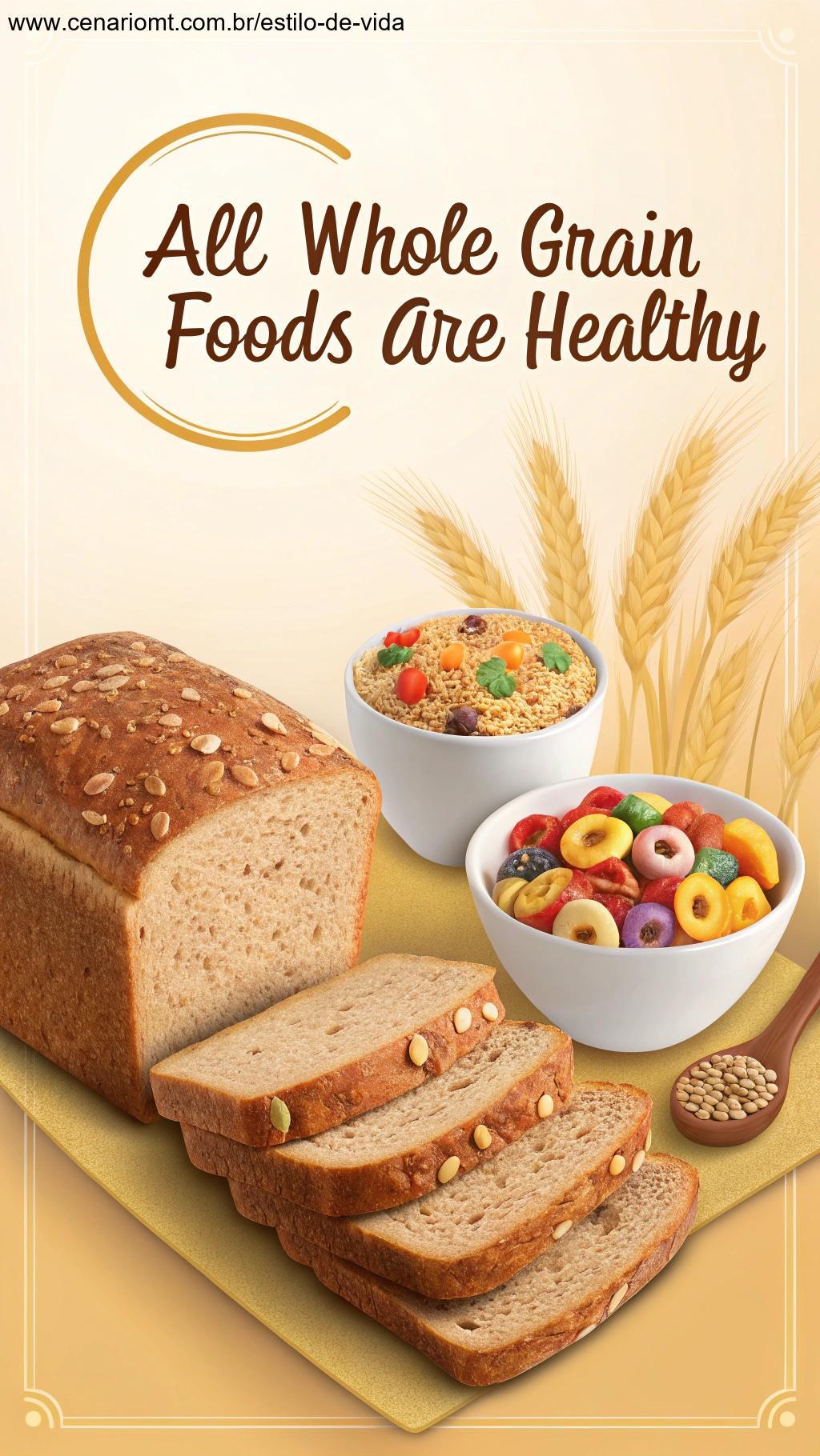 Pão integral ao lado de cereal processado com açúcar.