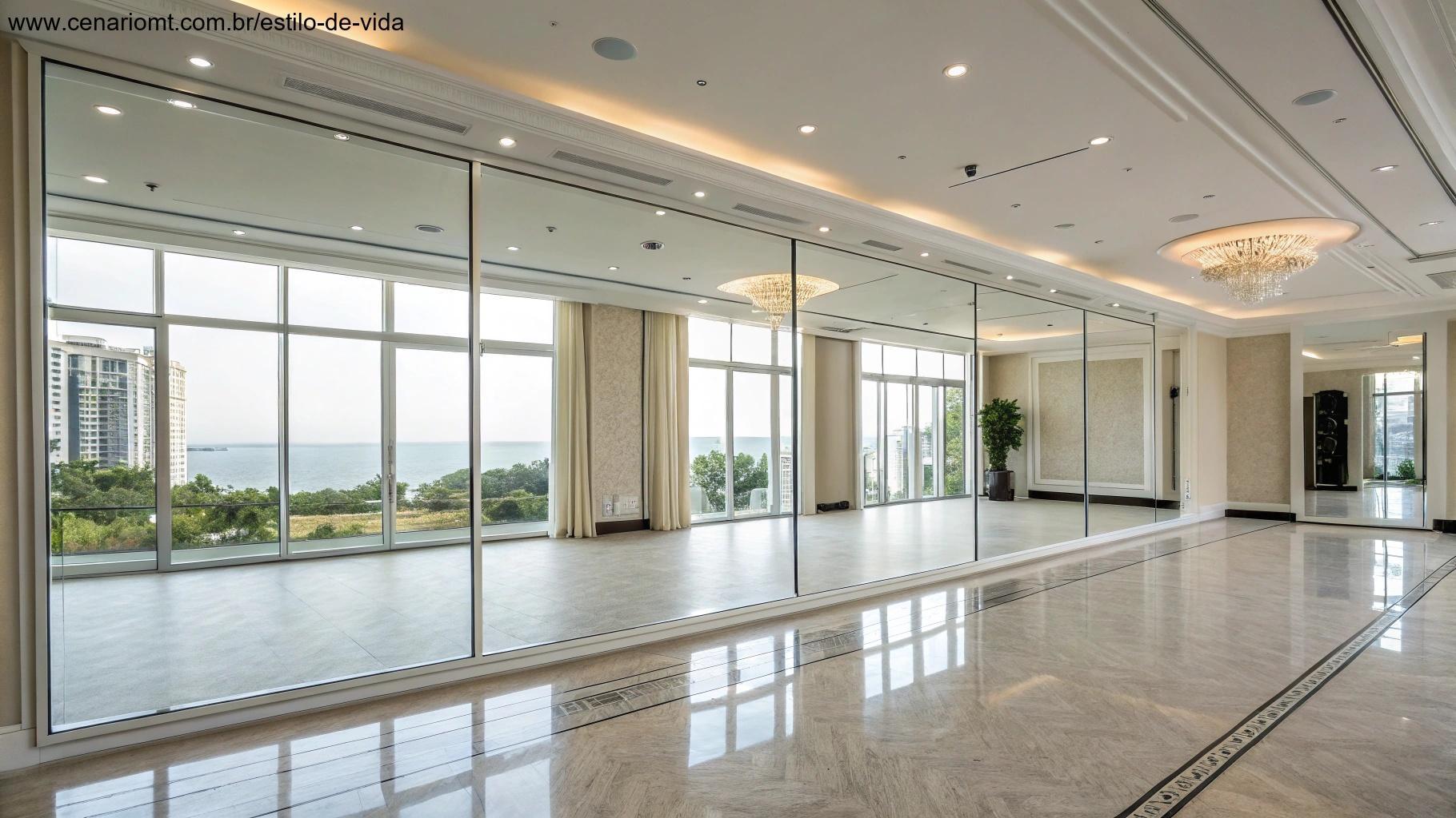 Sala espaçosa com espelhos que ampliam o ambiente ao refletir a luz.