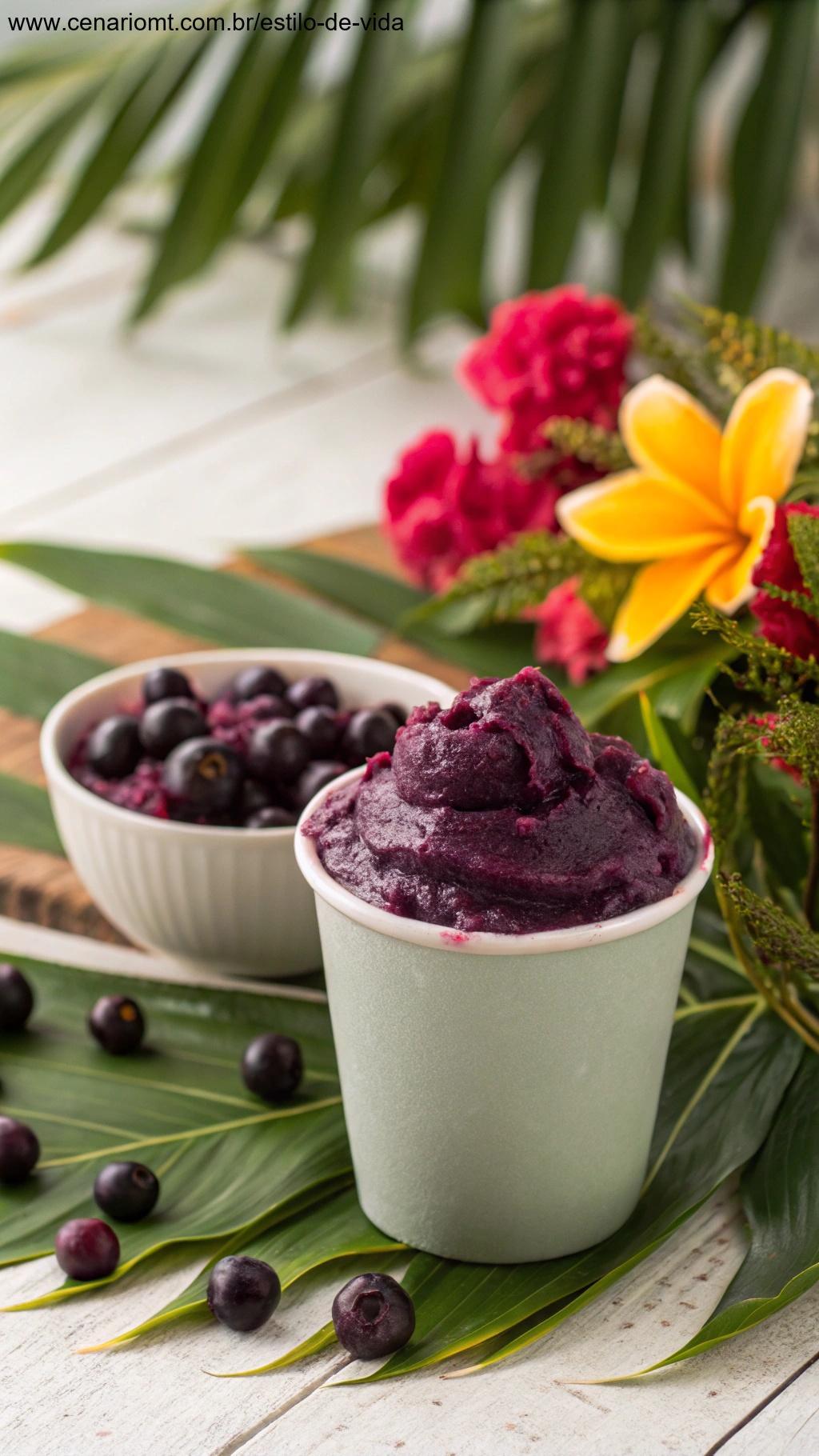 Frutas de açaí selvagem e polpa de açaí, com sua cor roxa intensa, exibidas com um fundo tropical e inspirado na natureza.