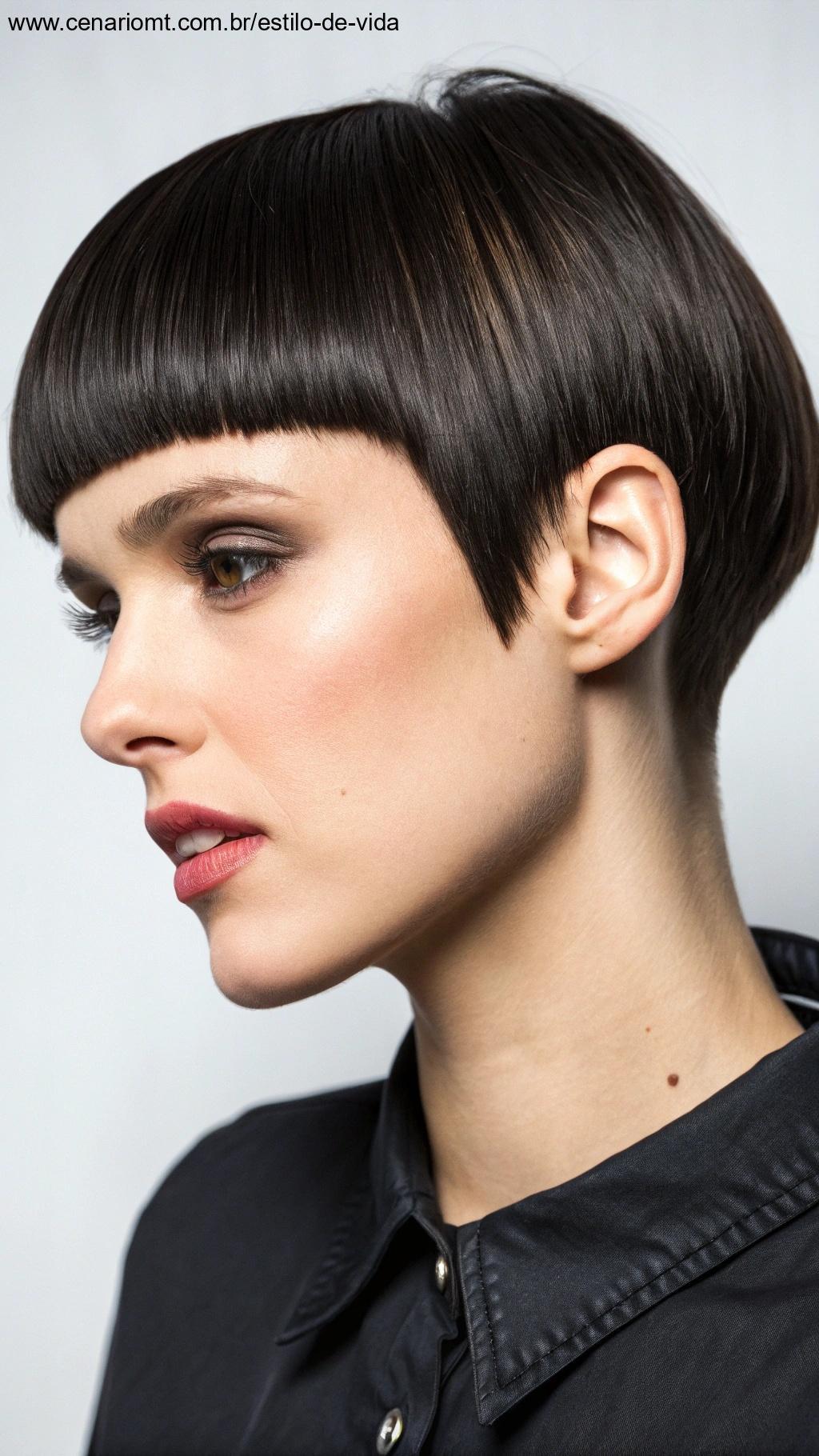 Corte de cabelo com franja curta e estilosa.