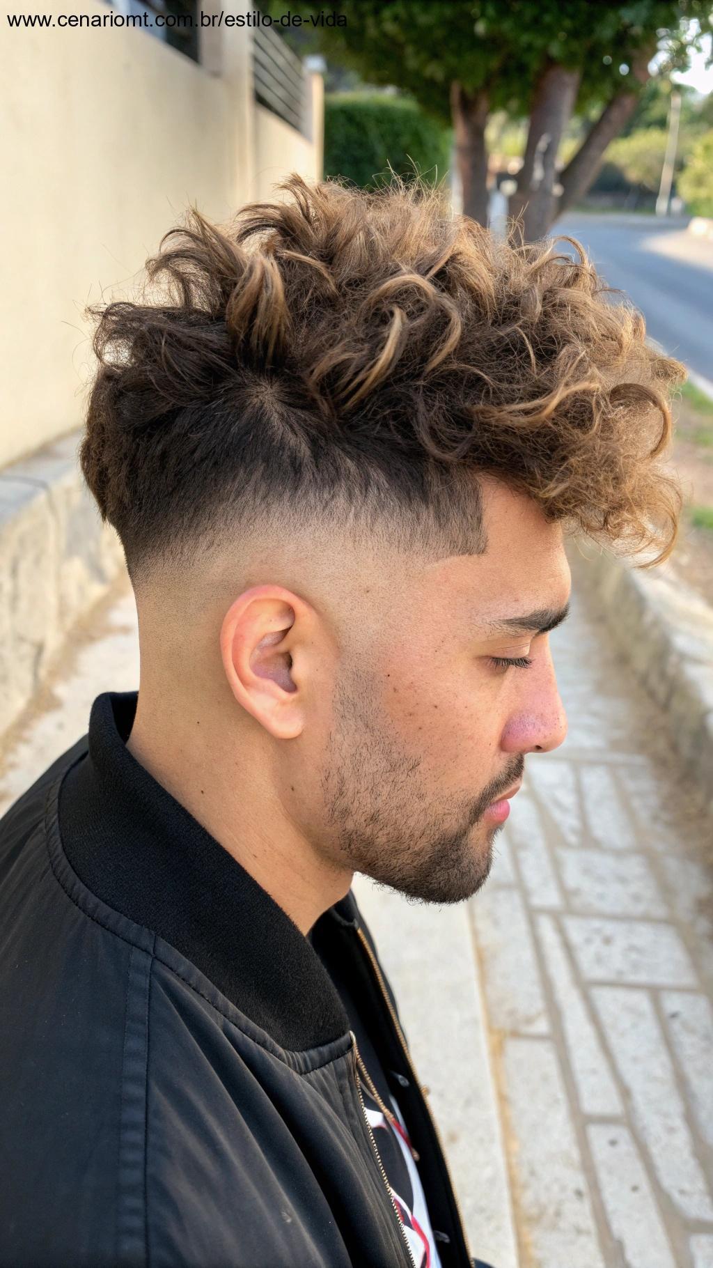 Homem com corte texturizado, cabelo em camadas e estilo ousado, em ambiente externo com luz natural.