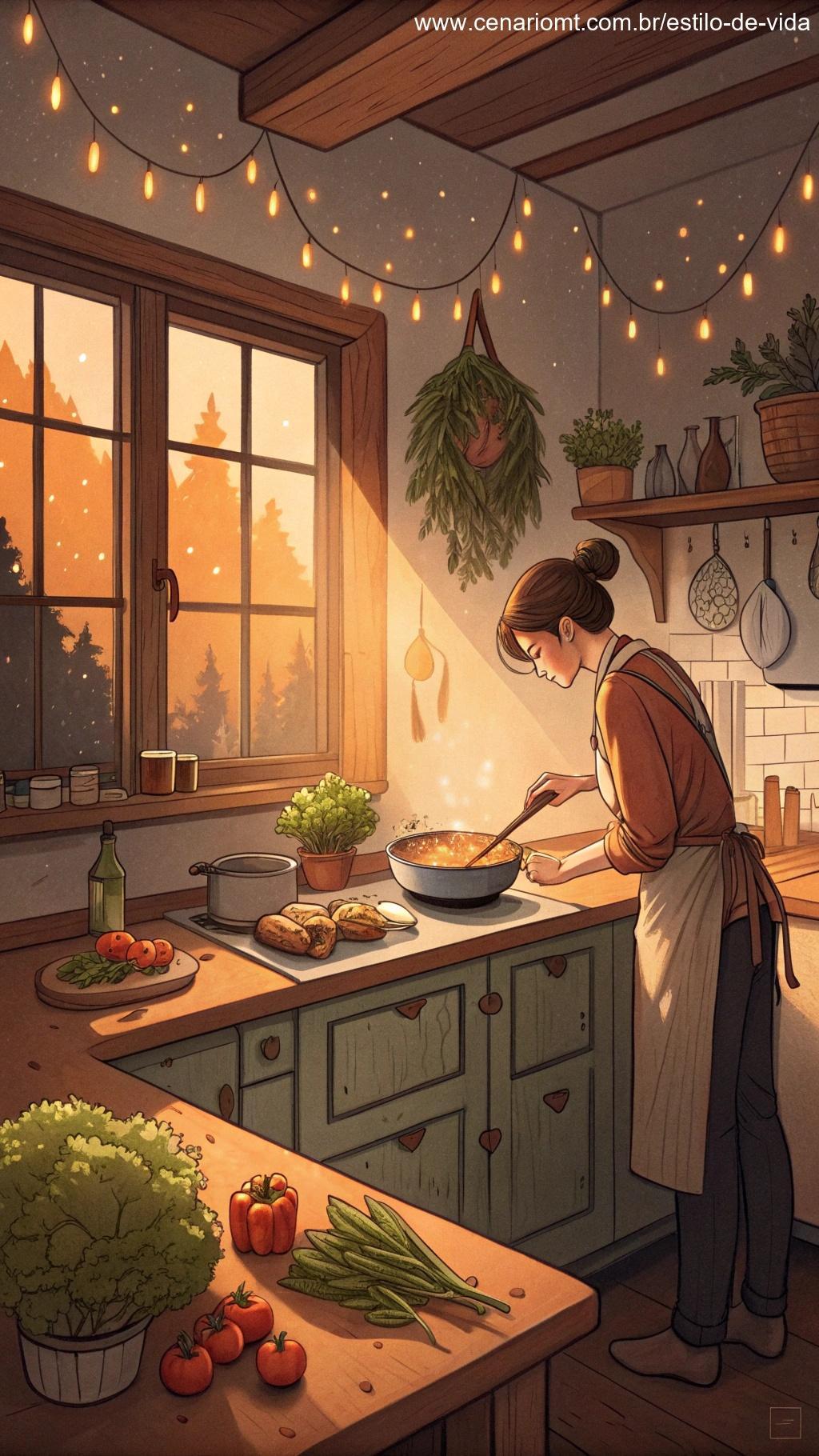 Cozinha caseira com uma pessoa preparando uma refeição simples e saudável.