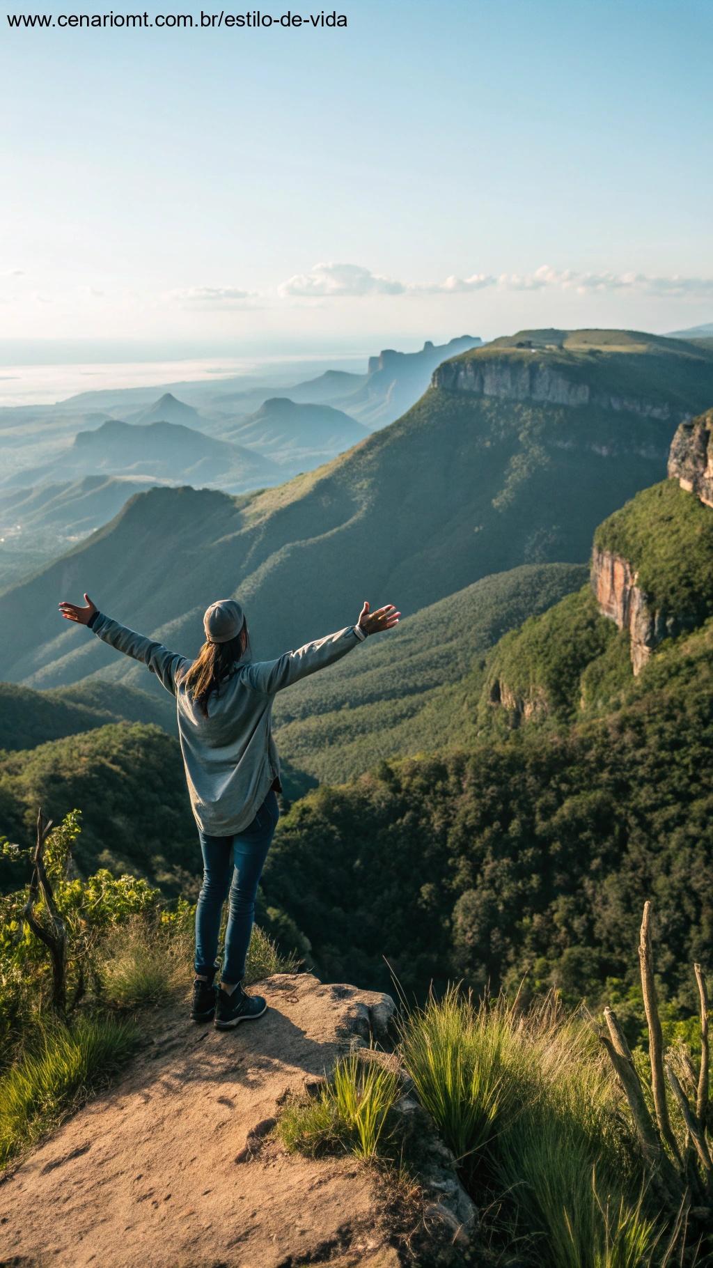 Uma pessoa no topo de uma montanha, olhando para uma paisagem ampla e bela, simbolizando o encontro de um propósito maior.