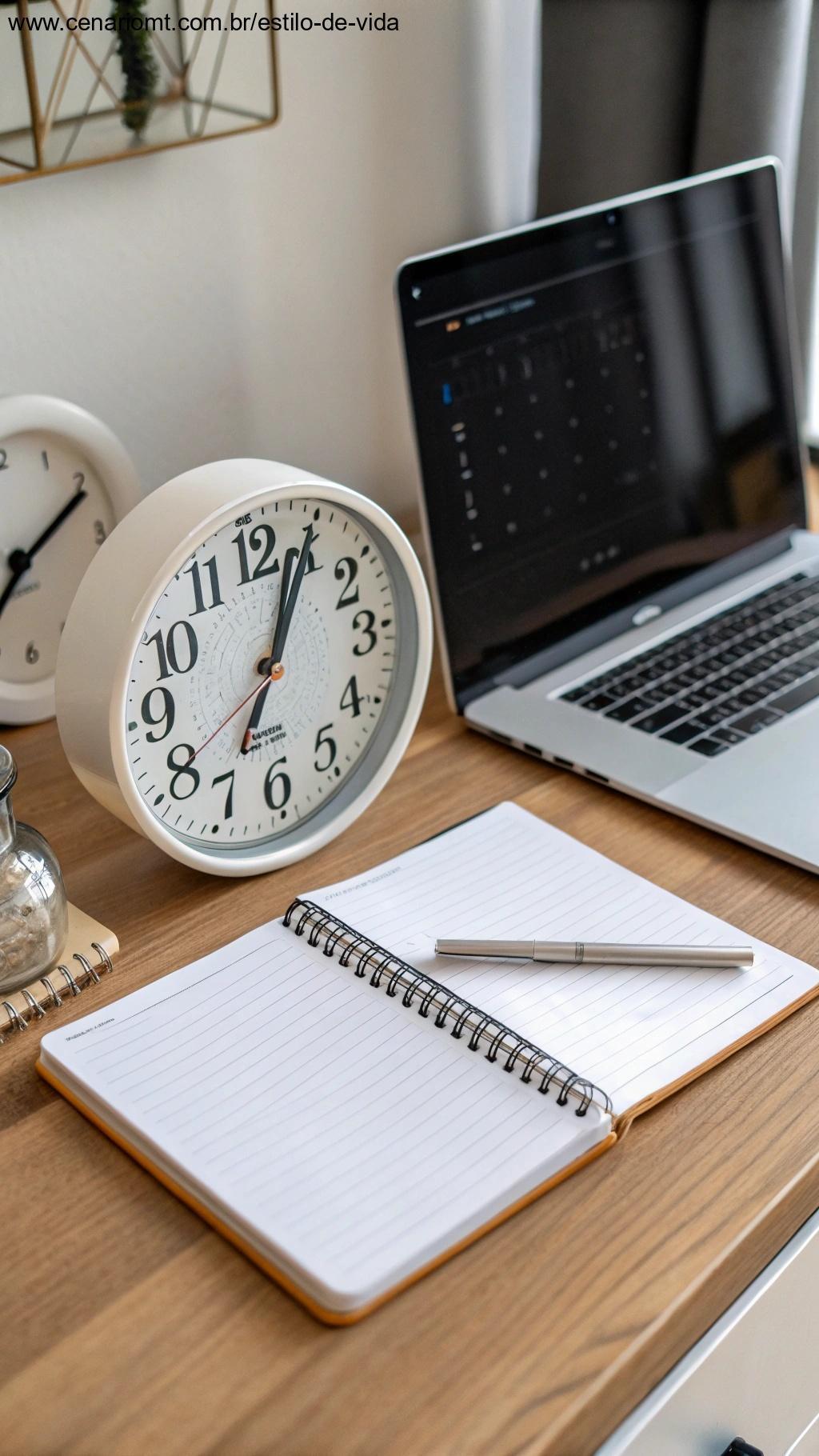 Um relógio com blocos de tempo claros, colocado em uma mesa com um laptop e caderno, simbolizando a importância de estabelecer limites de tempo.