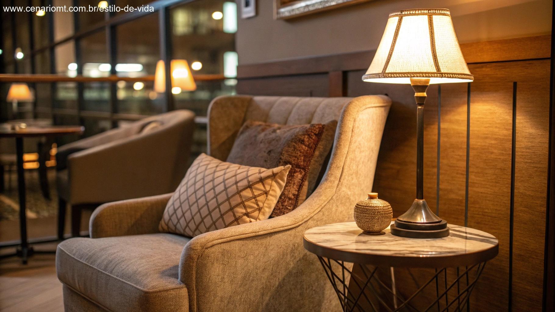 Canto aconchegante iluminado com luz direcionada, criando um ambiente íntimo.