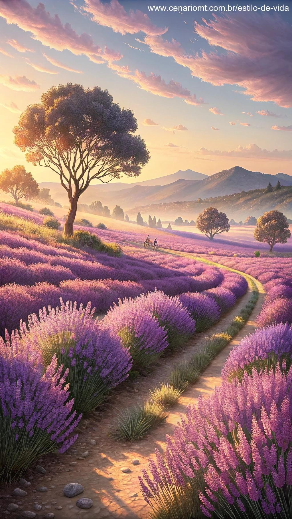 Campo de Lavanda em plena floração com flores roxas sob um céu ensolarado.