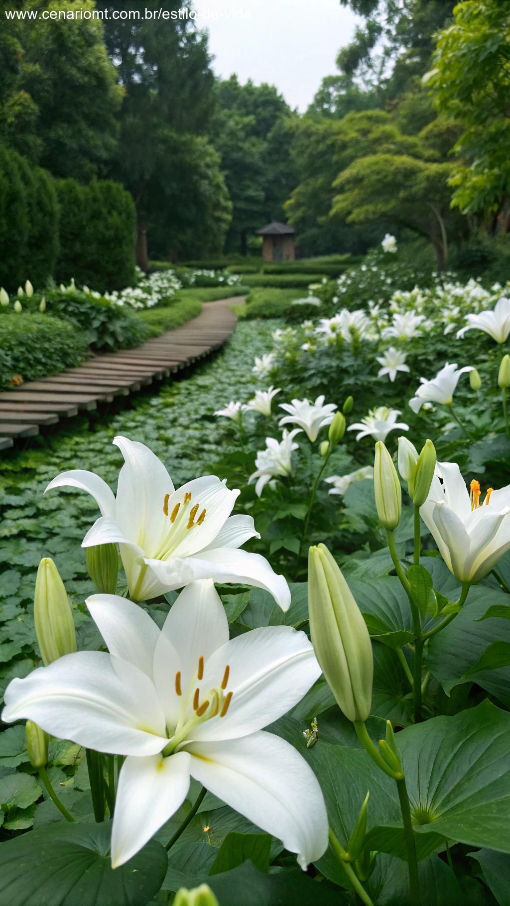 Lírios brancos florescendo em um jardim tranquilo.
