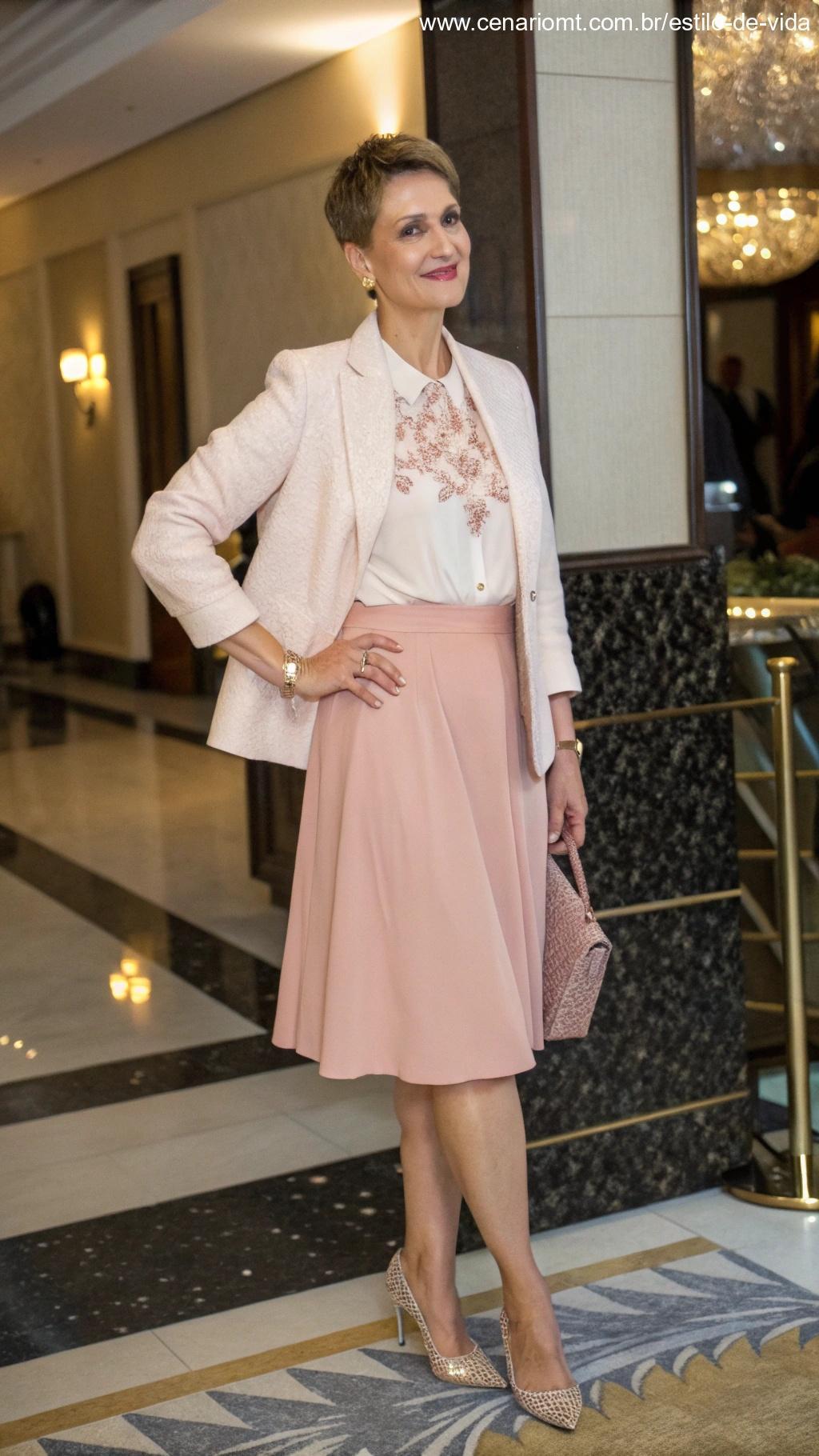 Mulher de cabelo curto, com uma roupa feminina e elegante.