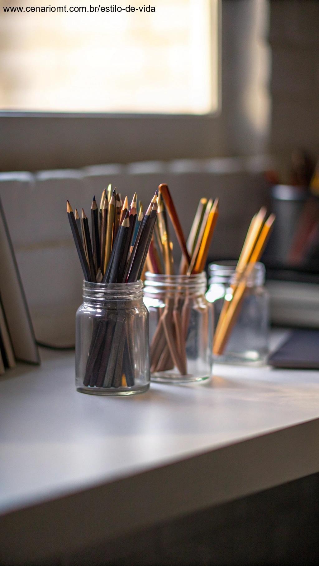 Conjunto de frascos de vidro usados como porta-lápis e porta-canetas em uma mesa de trabalho organizada.