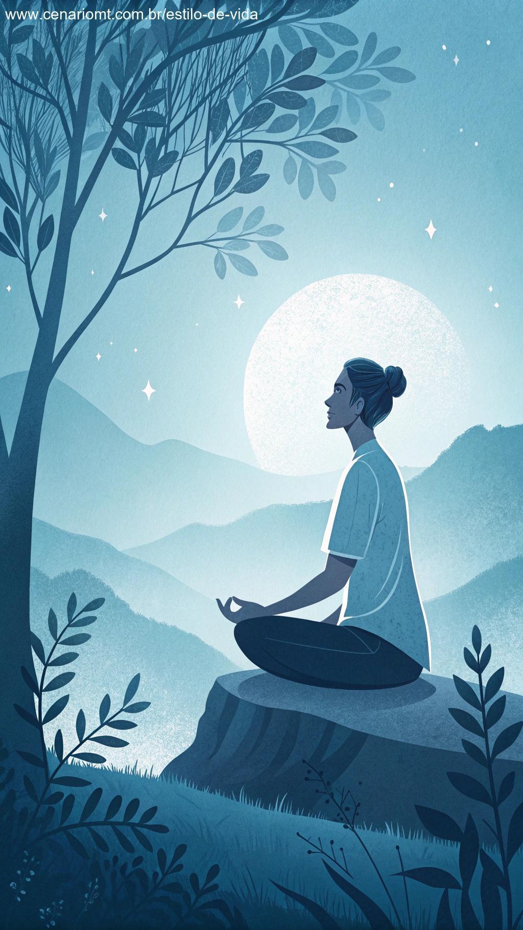 Pessoa tranquila meditando em um ambiente pacífico com tons de azul calmantes.