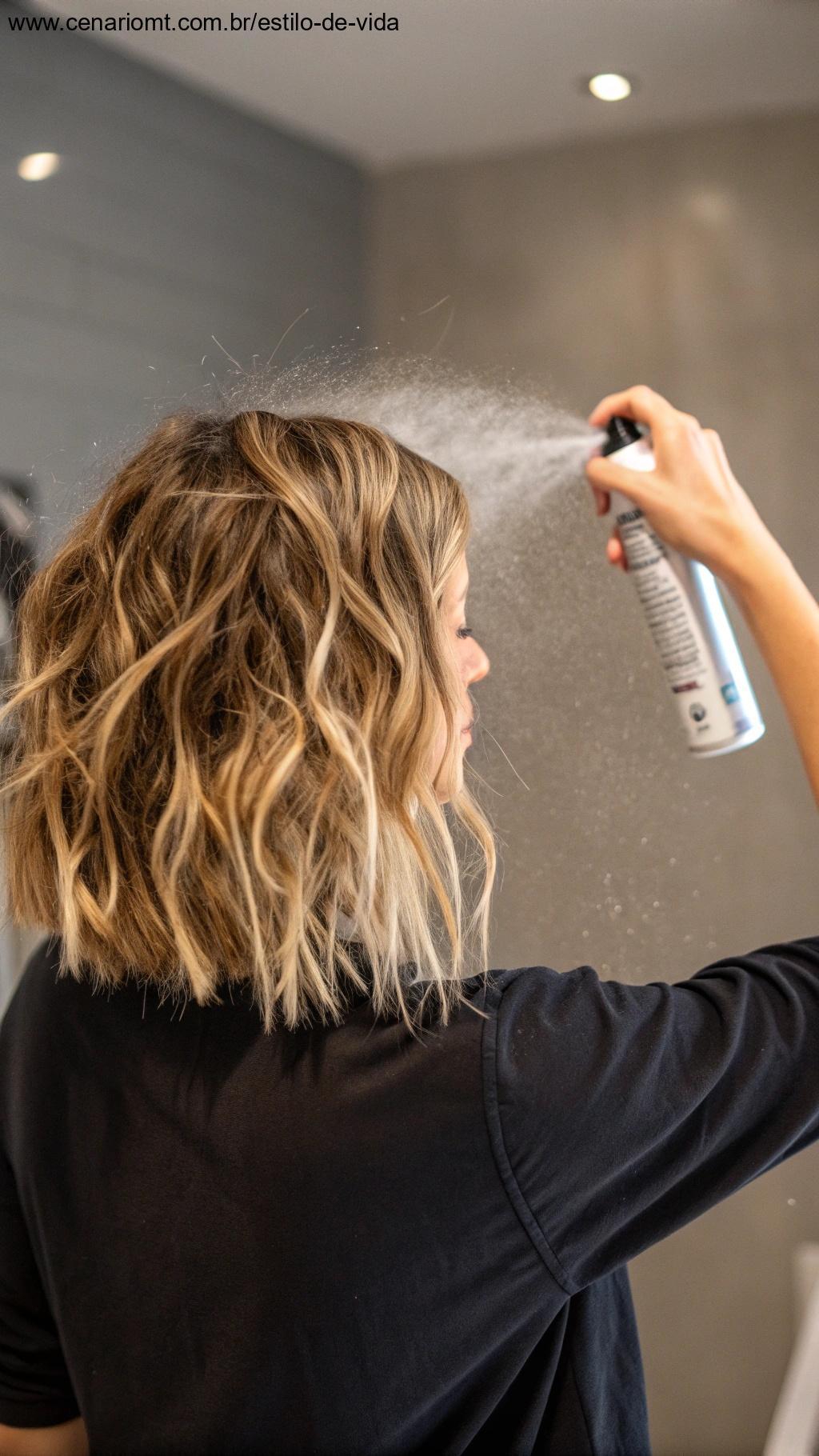 Spray de sal aplicado nos cabelos curtos para ondas naturais.