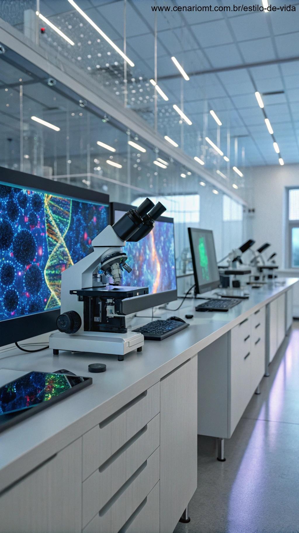 Laboratório de biotecnologia futurista exibindo biotecnologia de precisão com ferramentas de edição de DNA, microscópios brilhantes e células visualizadas em detalhes coloridos.