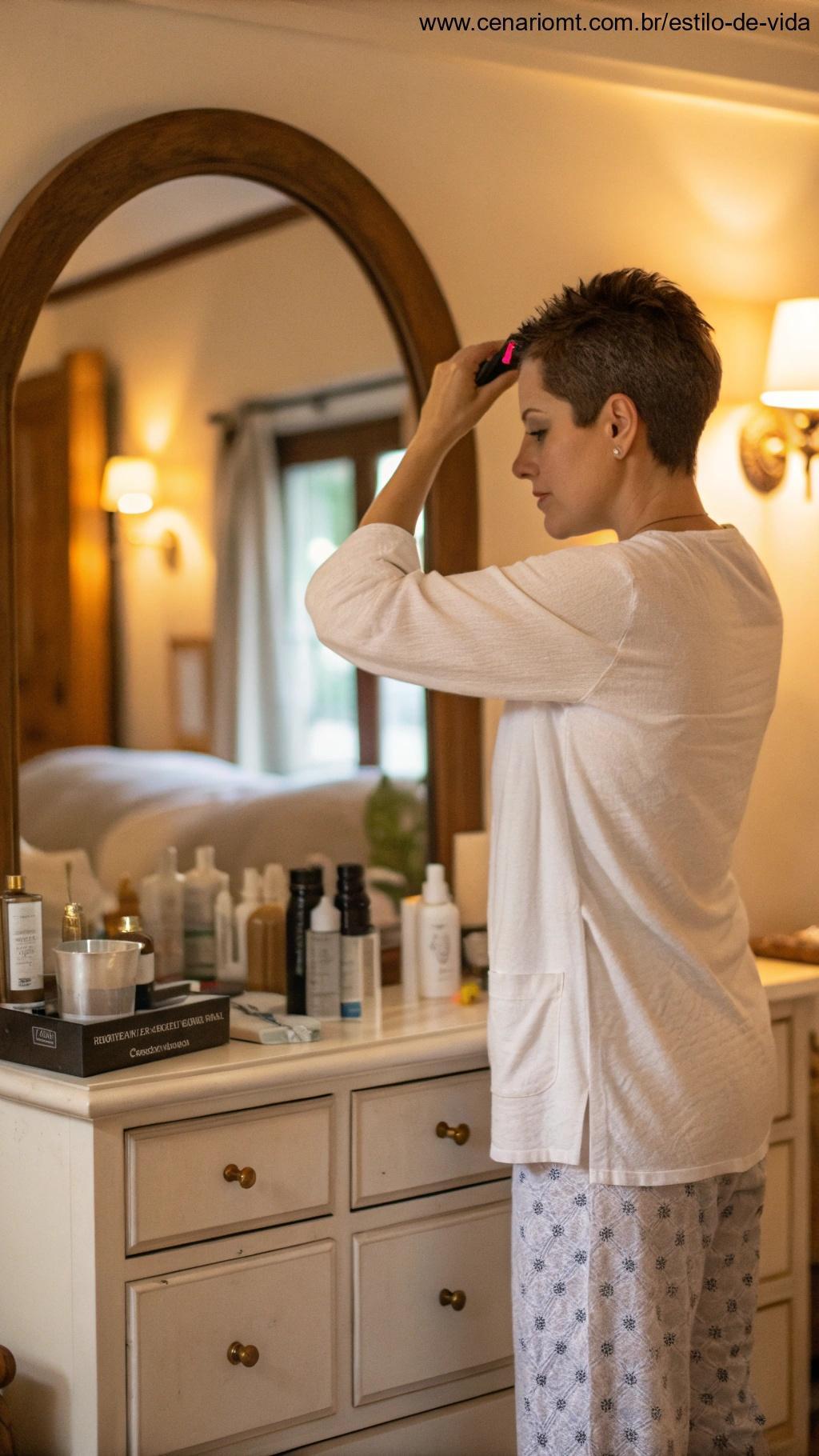 Mulher com cabelo curto, aplicando produto de cabelo em um ambiente aconchegante.