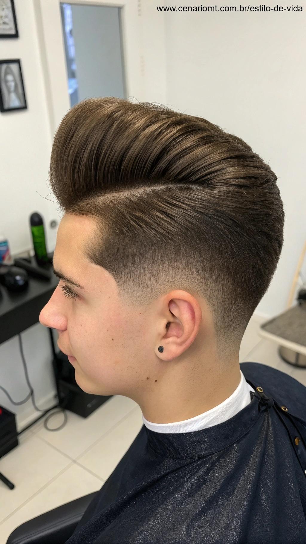 Corte pompadour clássico, com cabelo volumoso e estilo elegante e sofisticado.