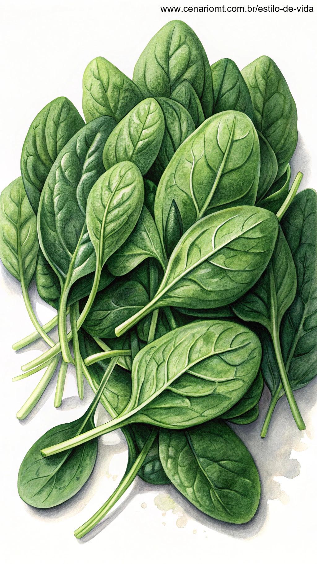 Um monte de folhas frescas de espinafre organizadas sobre uma superfície limpa, destacando sua cor verde escura e textura saudável.