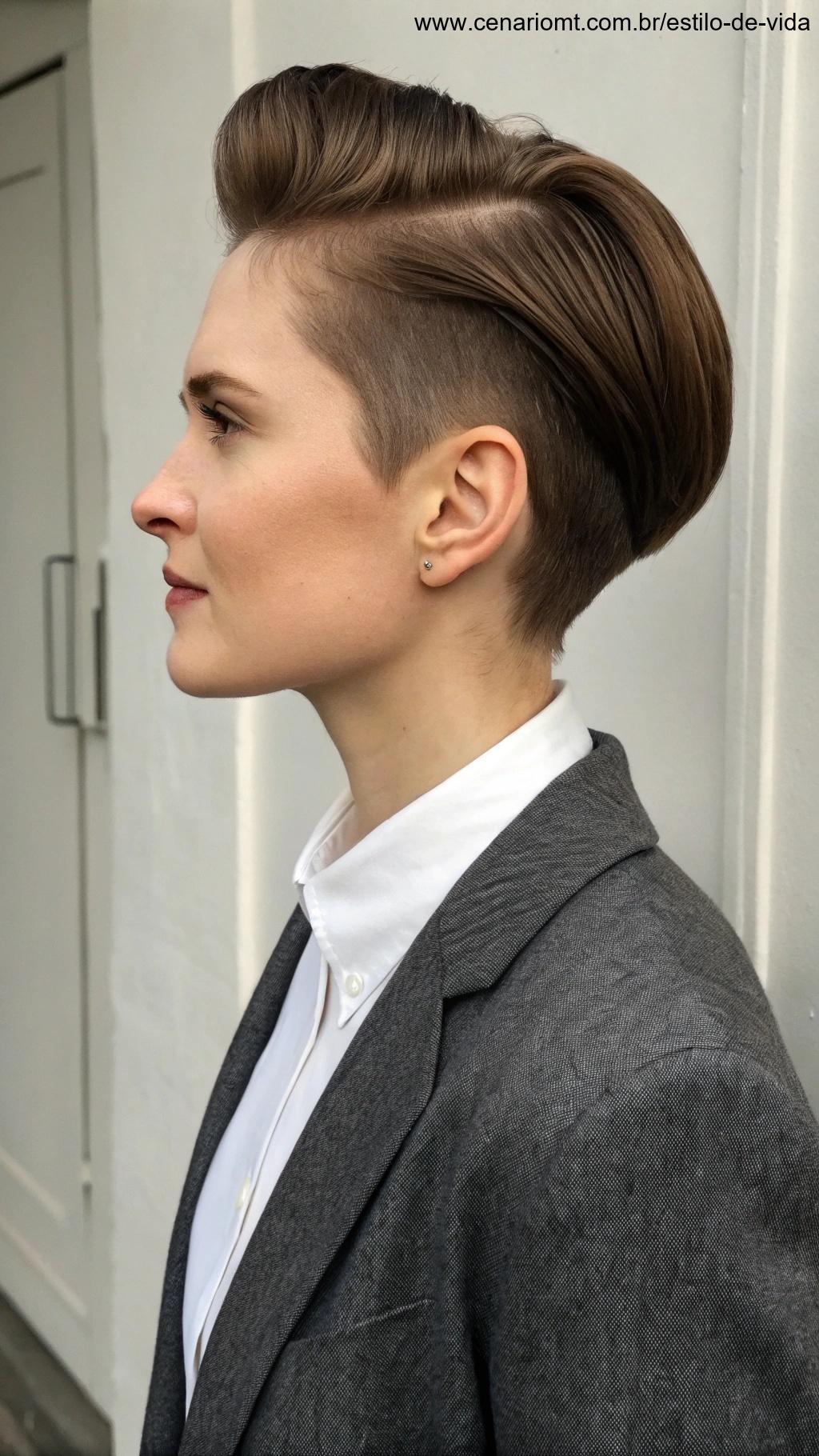 Pessoa com corte de cabelo curto e clássico, transmitindo elegância atemporal e estilo.