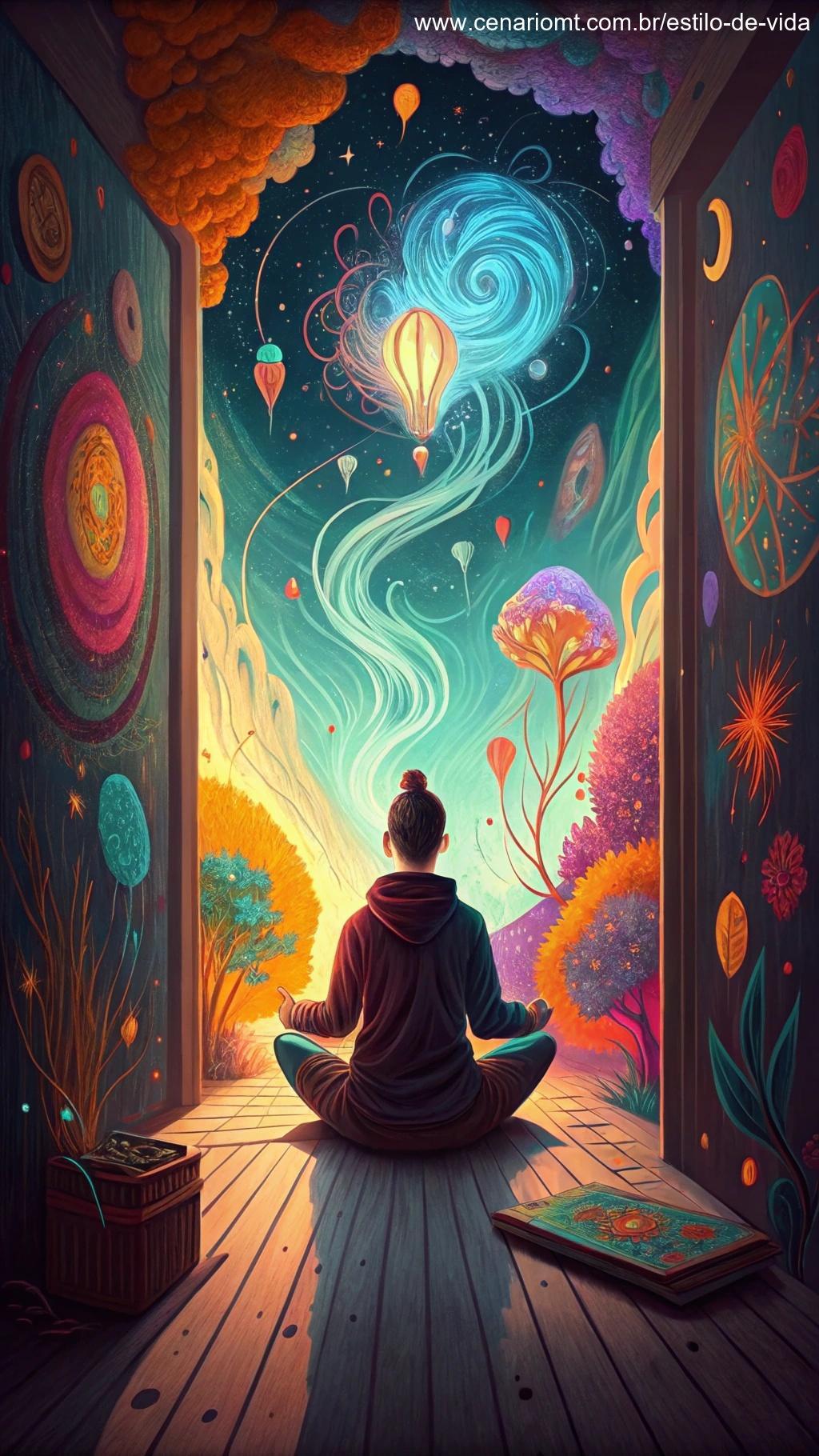 Pessoa meditando em um espaço colorido e criativo.