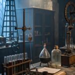 Um laboratório sombrio com equipamentos científicos antigos e tubos de ensaio, com máquinas estranhas de um experimento antiético.