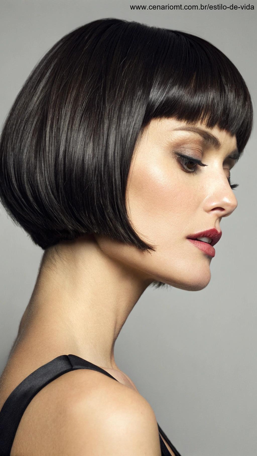 French bob elegante com franja marcada e textura suave.