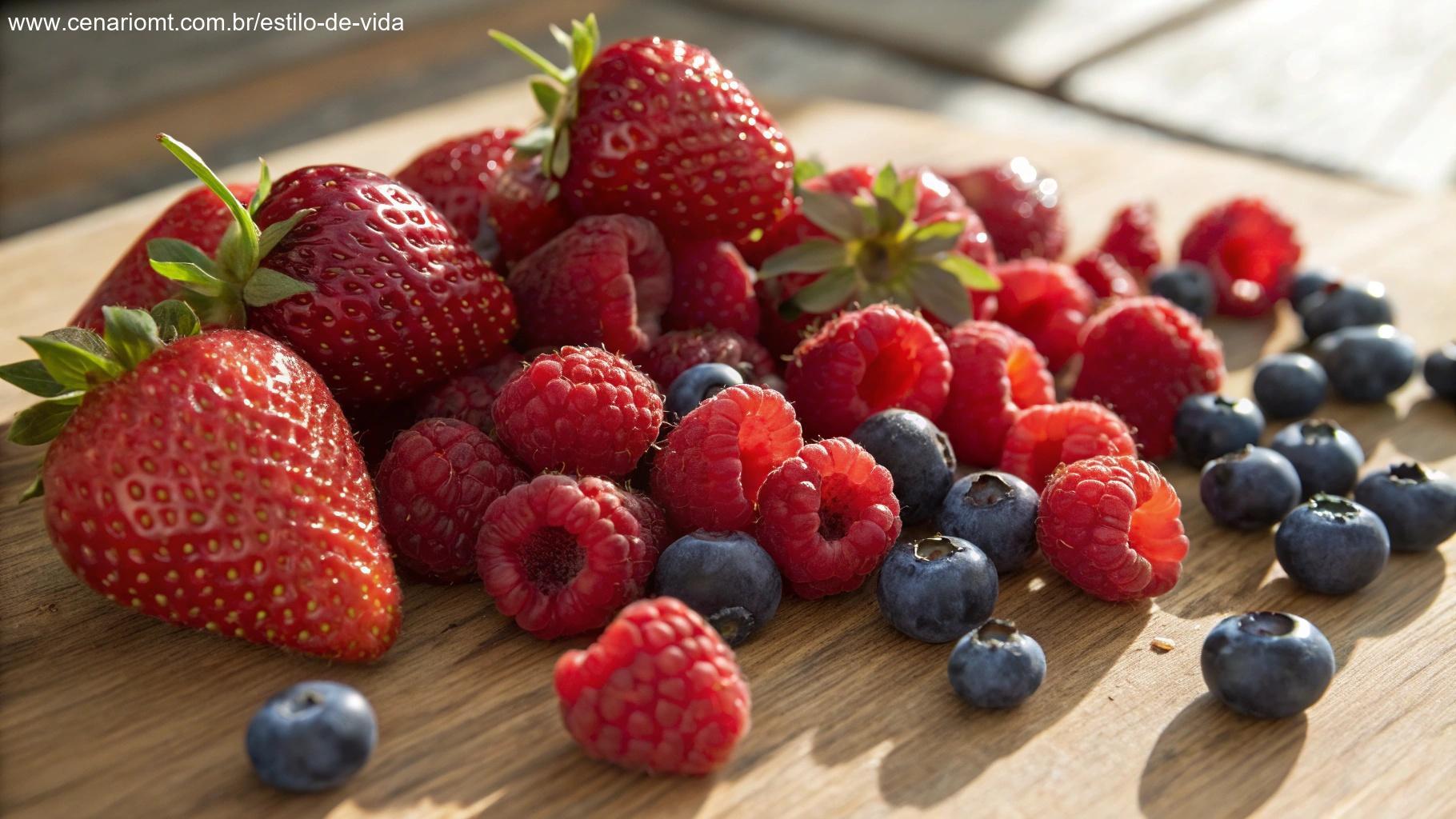 Frutas vermelhas frescas como morangos, framboesas e mirtilos.