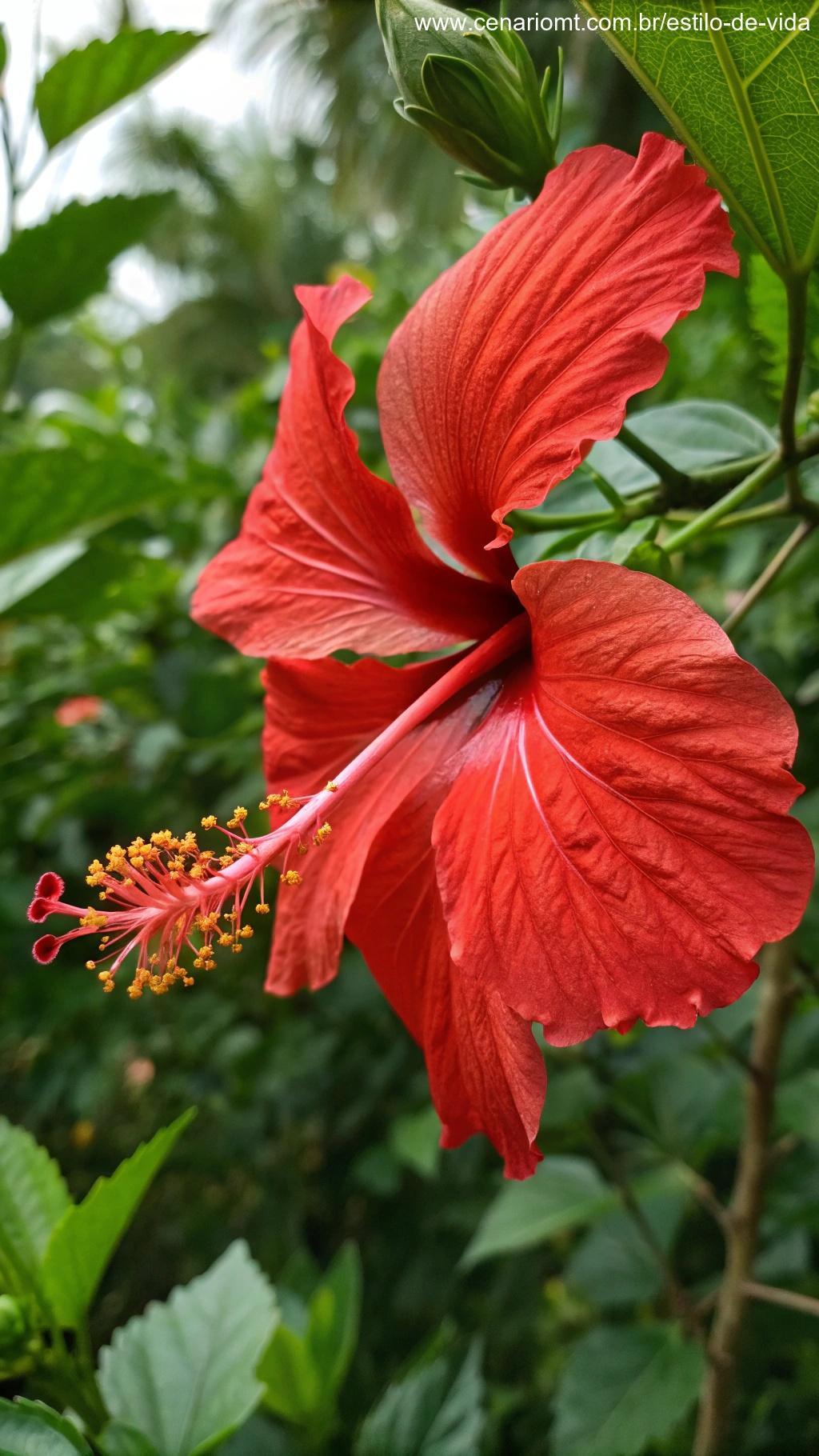 Uma flor de hibisco tropical em plena floração, exibindo sua cor vermelha vibrante e pétalas grandes e delicadas.