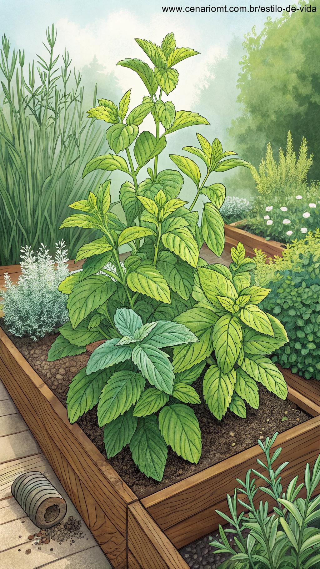 Uma planta de hortelã exuberante crescendo em um canteiro de jardim, com folhas verdes brilhantes, cercada por uma mistura de outras ervas.