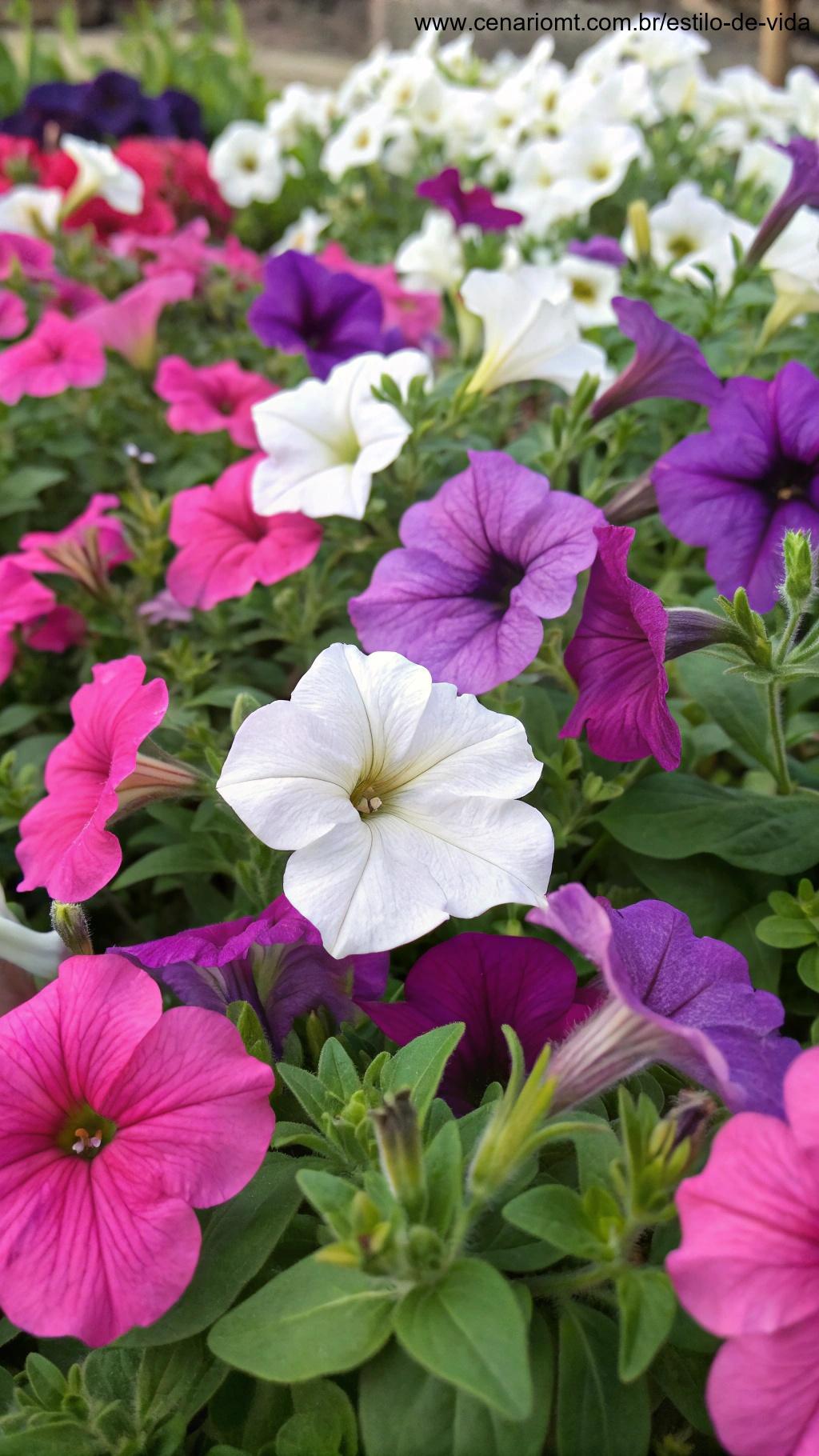 Jardim com uma variedade de petúnias de diferentes cores como rosa, roxo e branco, formando uma mancha colorida.