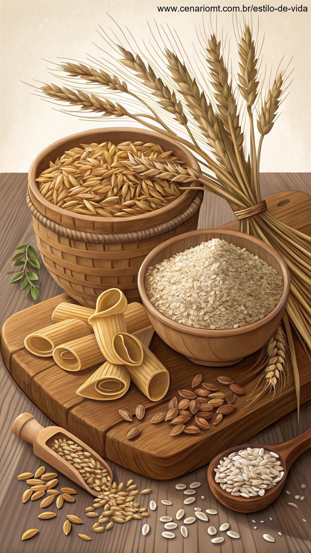 Alimentos integrais, como arroz integral, aveia e macarrão de trigo integral.
