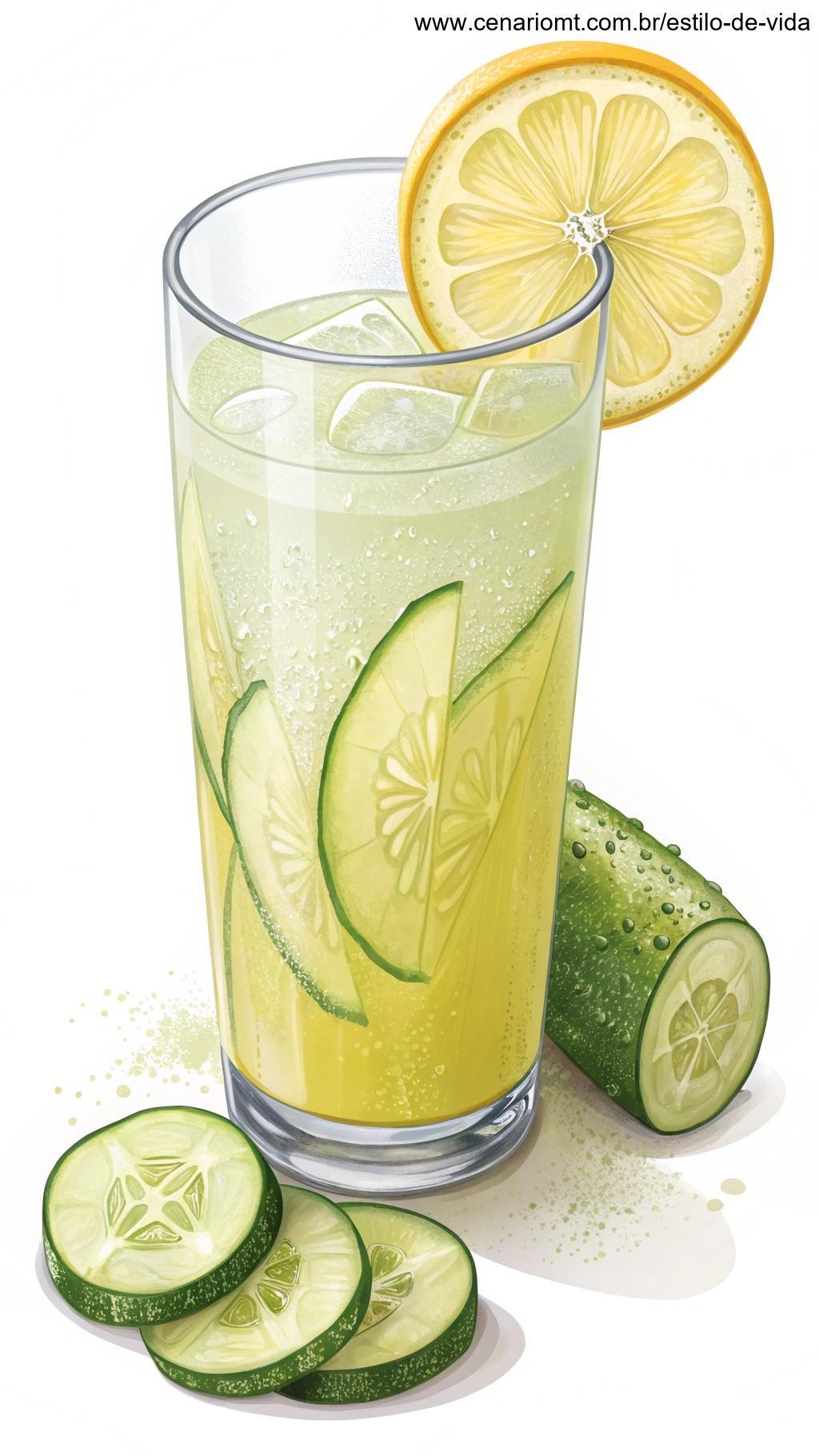 Suco refrescante de pepino e limão, servido em um copo transparente com uma fatia de pepino e limão como decoração.