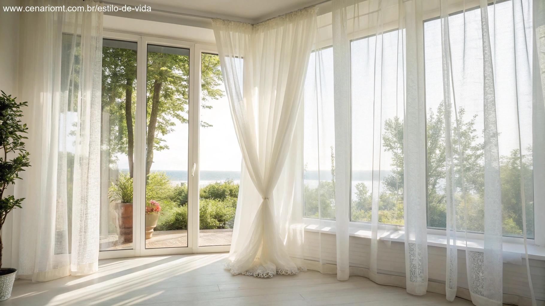 Quarto iluminado com cortinas leves que permitem a entrada de luz natural.