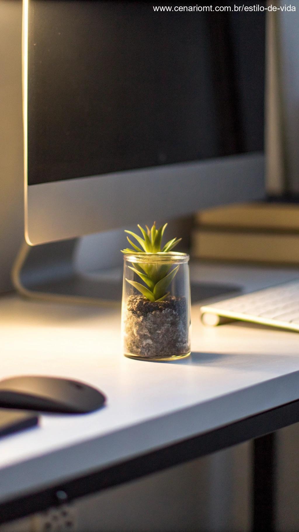 Pequena planta suculenta em um frasco de vidro, adicionando um toque de verde em uma mesa minimalista.