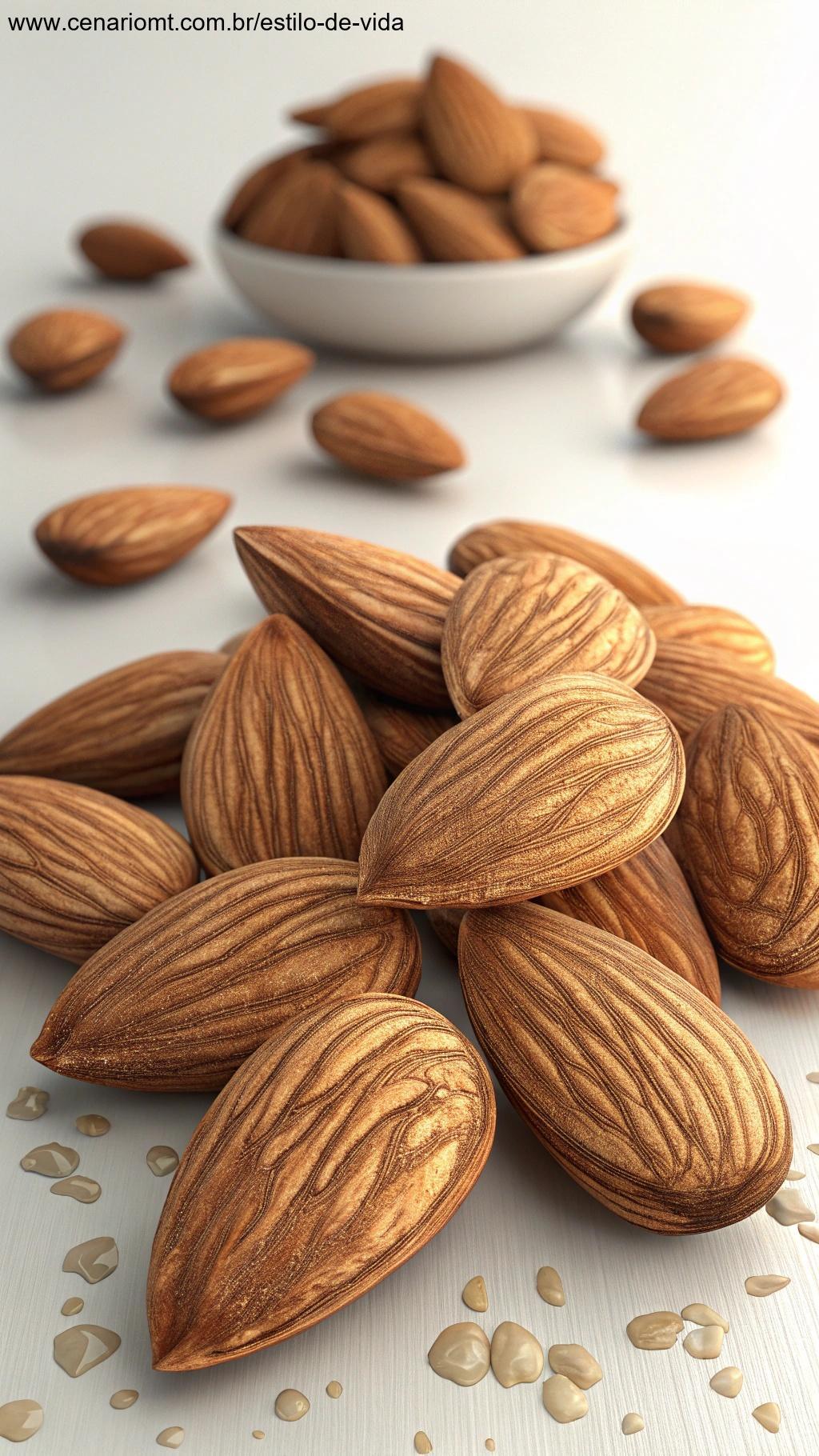 Um punhado de amêndoas espalhadas sobre uma superfície branca limpa, com suas cascas marrons e texturizadas visíveis, brilhando à luz.