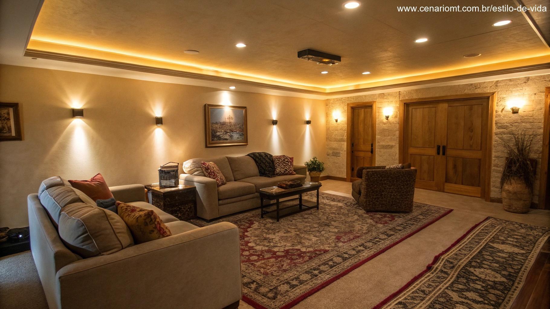 Sala aconchegante com iluminação indireta, criando sensação de amplitude.