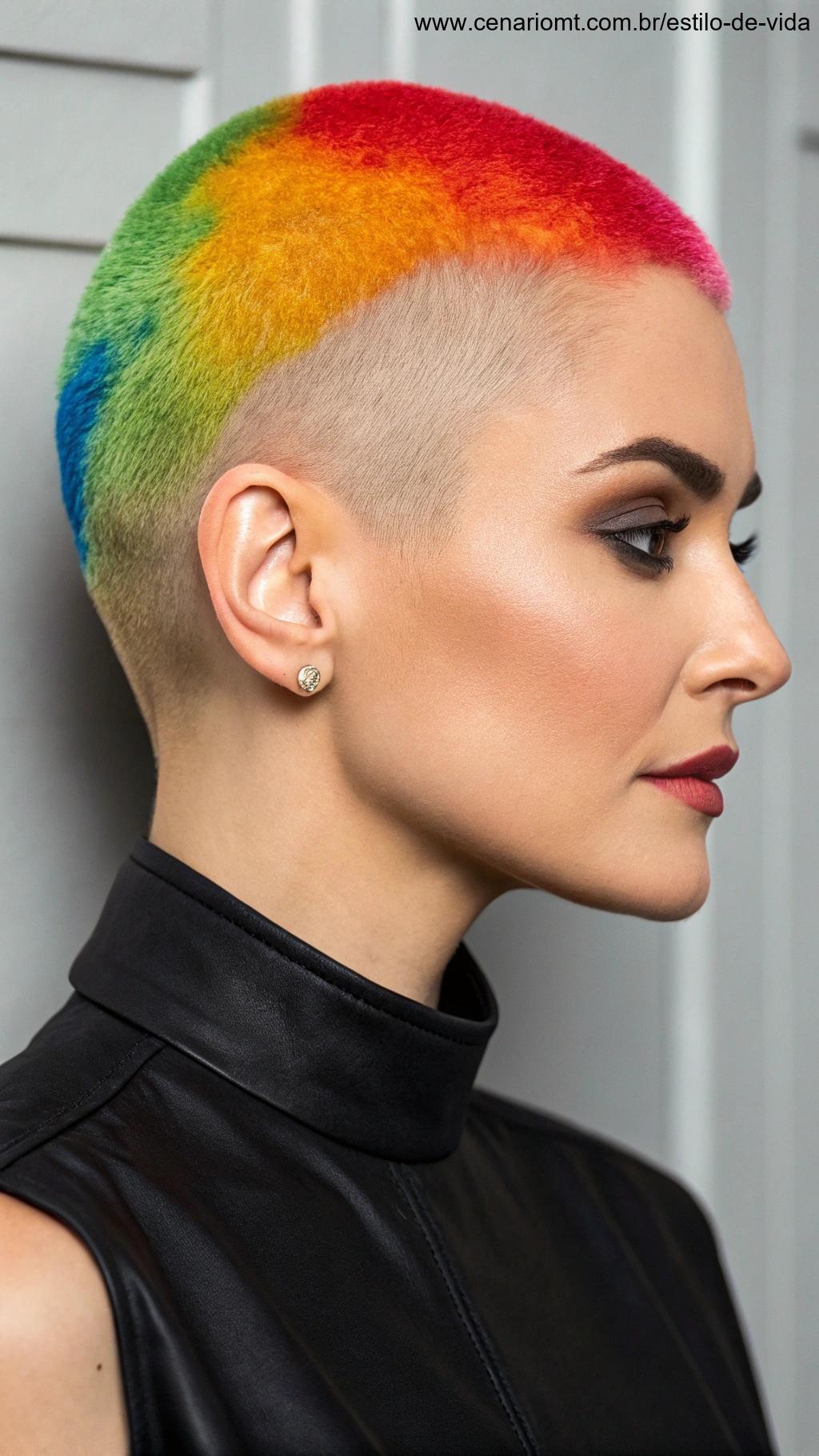 Buzz cut ousado com cores vibrantes em um cenário de alta moda.