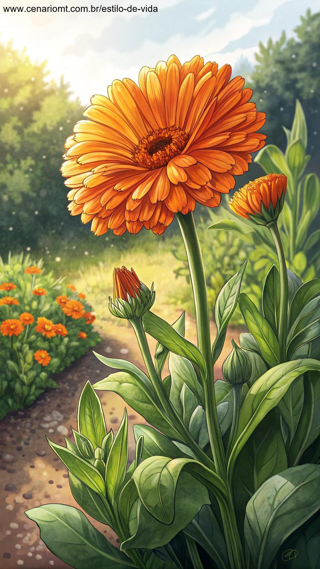 Uma flor de calêndula vibrante em pleno florescimento, com pétalas laranja brilhantes, cercada por folhas verdes em um jardim ensolarado.
