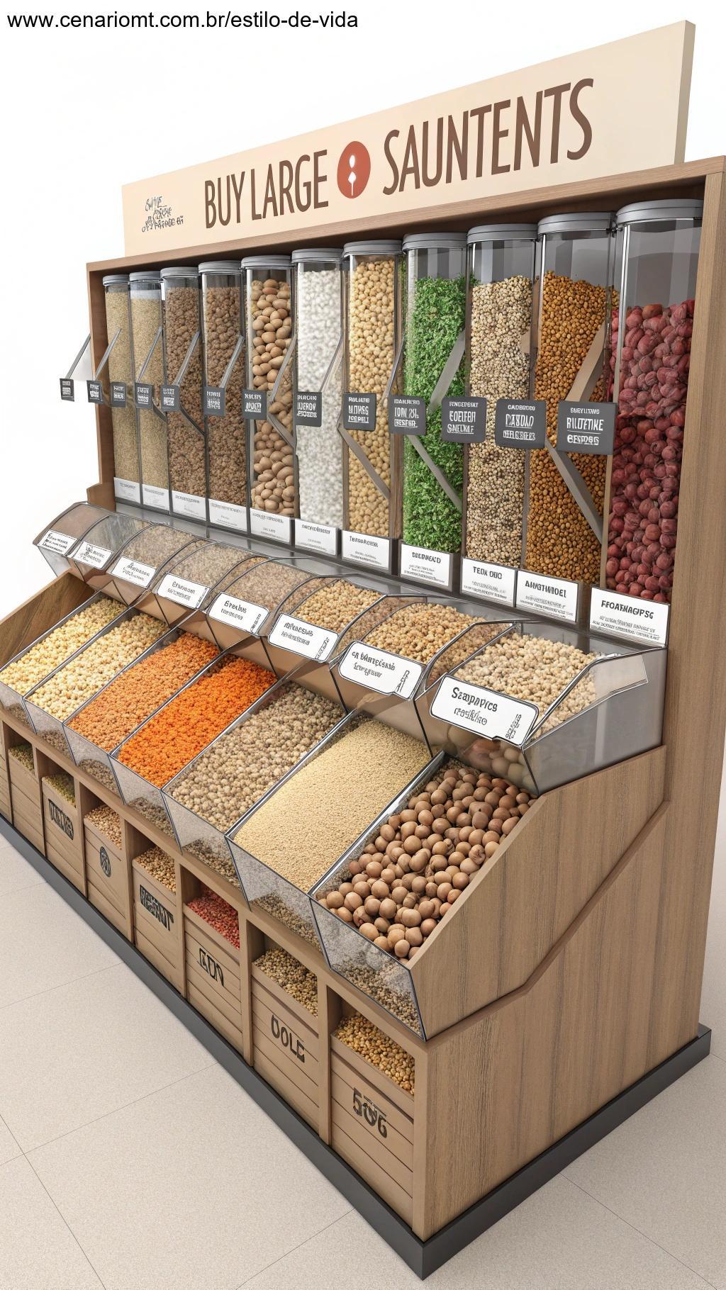 Prateleiras com produtos a granel, como grãos, nozes e leguminosas.