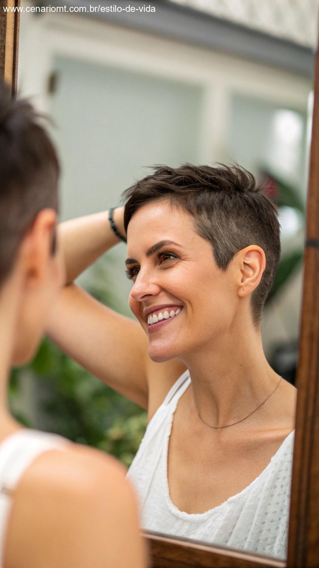 Mulher com corte pixie curto, estilizando o cabelo facilmente diante de um espelho.