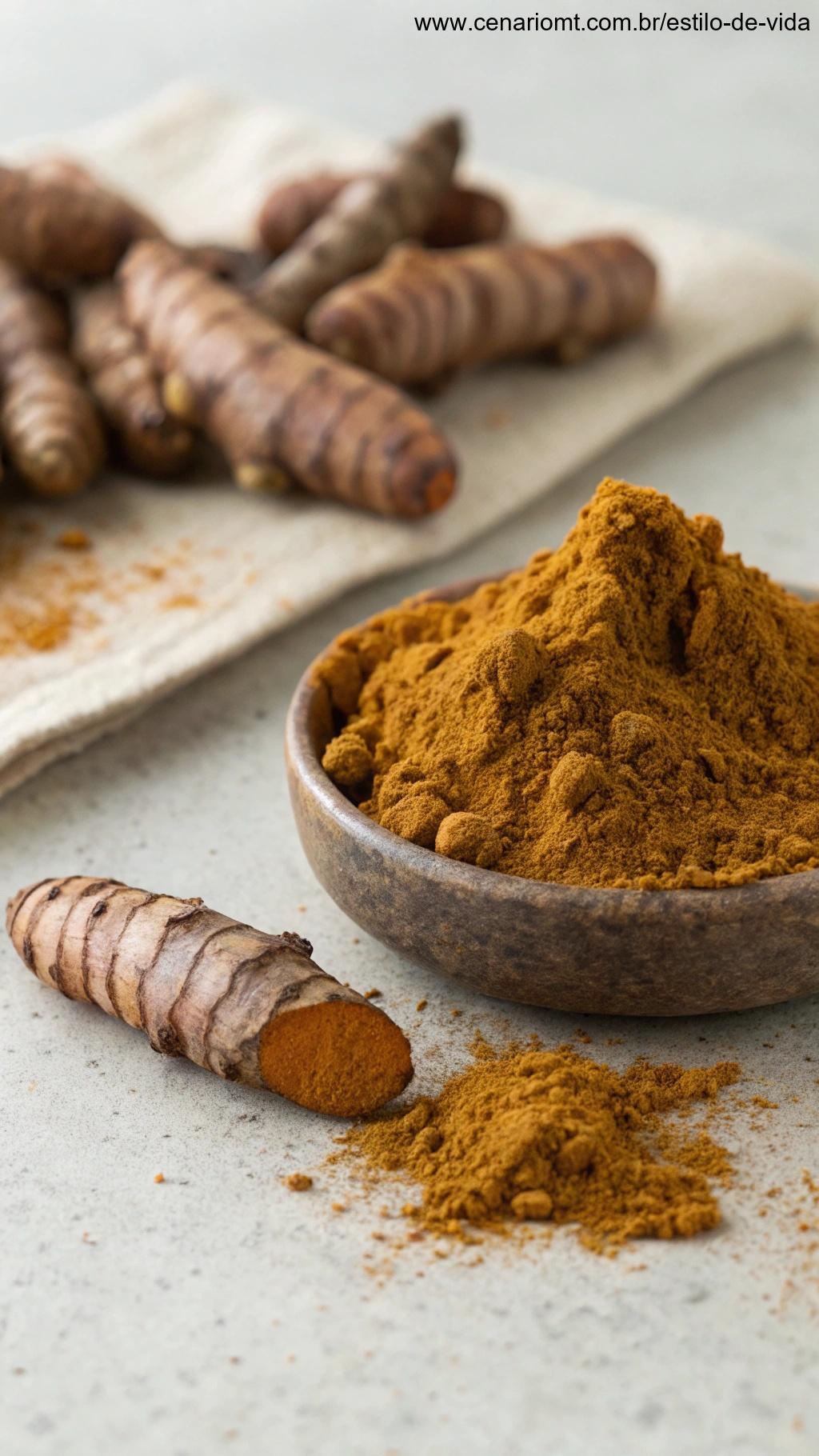 Um pequeno monte de pó de cúrcuma negra, rodeado por raízes inteiras de cúrcuma negra, sobre uma superfície de cor neutra.