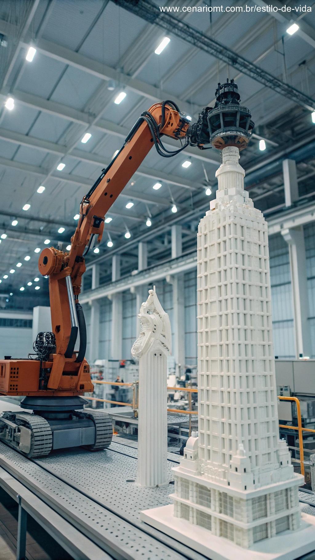 Ambiente industrial massivo para impressão 3D em grande escala com robôs imprimindo estruturas intrincadas, incluindo um edifício futurista.