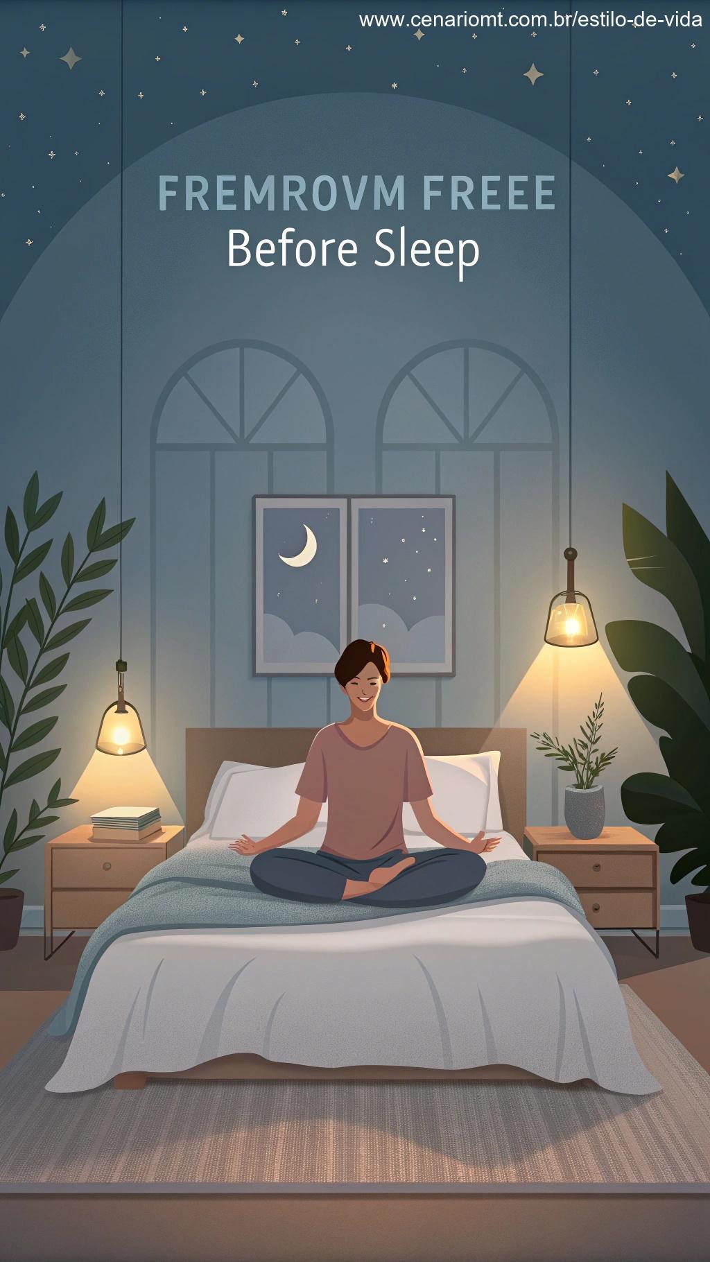 Cena de um quarto tranquilo com alguém meditando antes de dormir.