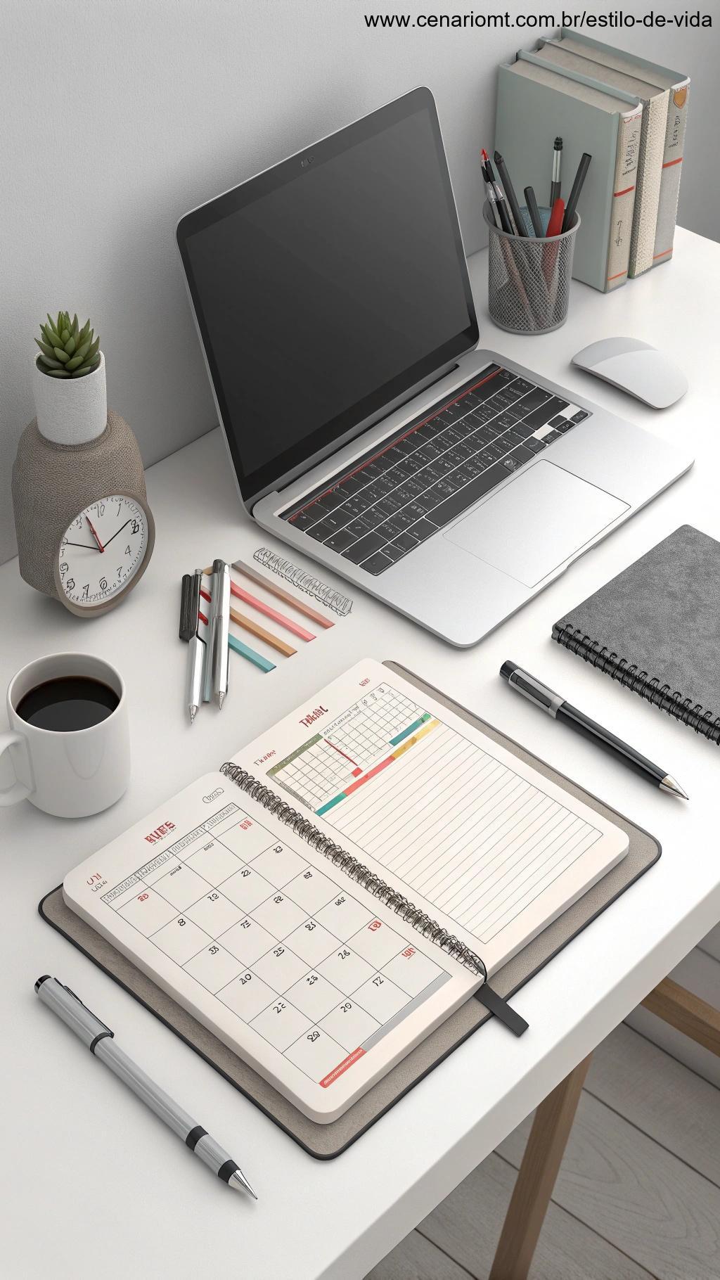Imagem de uma mesa organizada com uma agenda e laptop prontos para um dia produtivo.