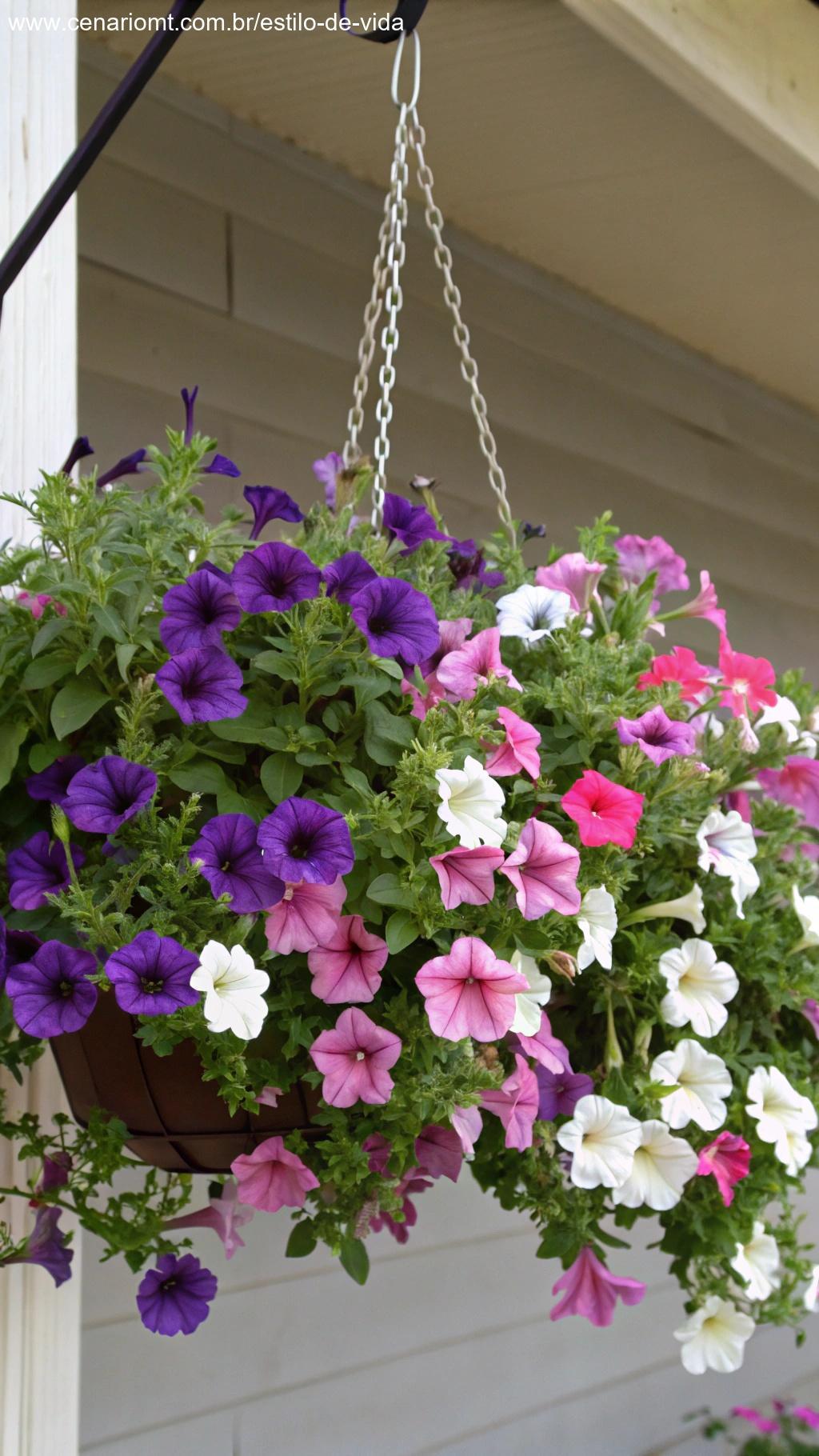 Uma cesta suspensa cheia de petúnias coloridas em uma variedade de tons, incluindo roxo, rosa e branco.