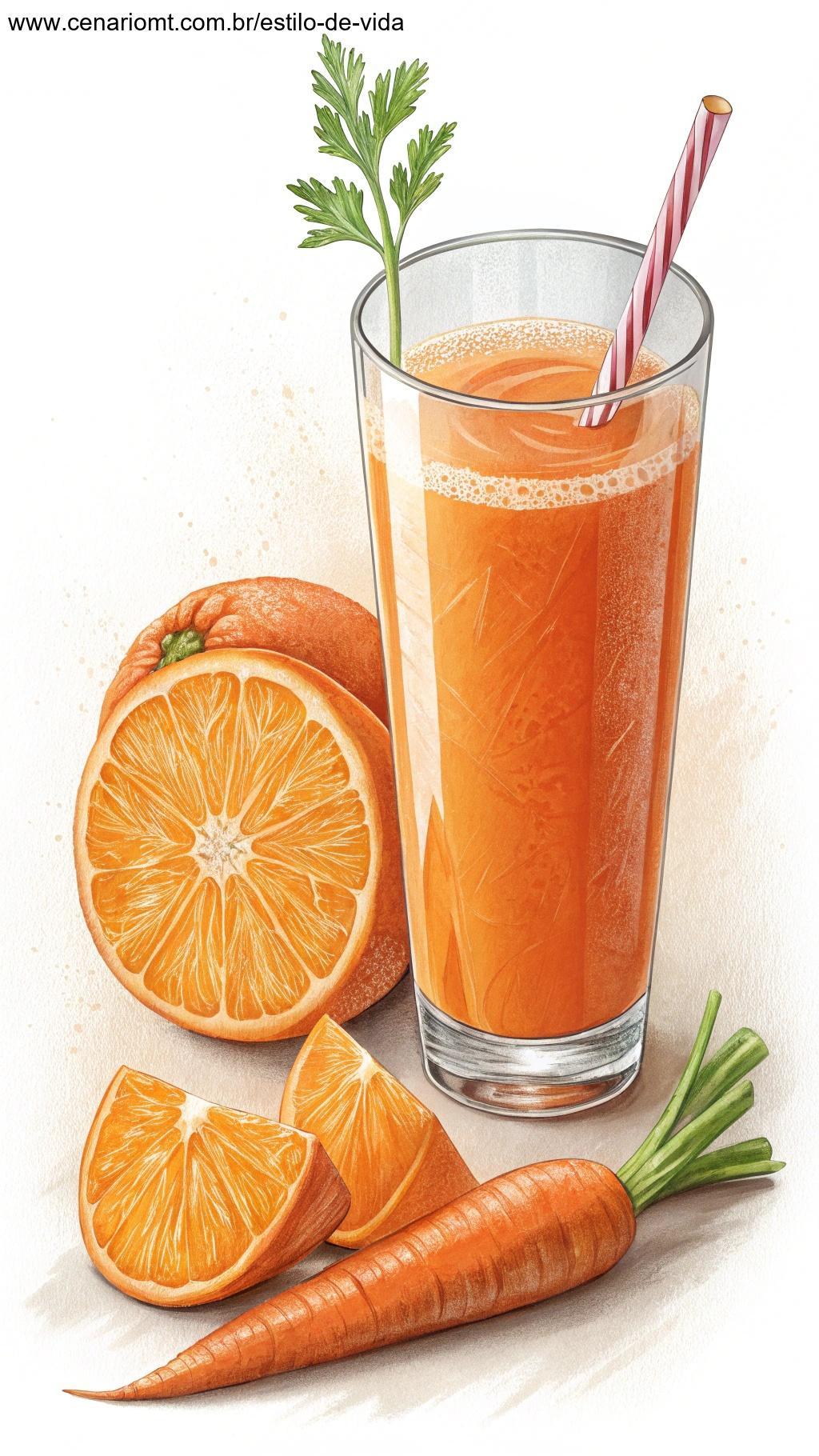 Suco de laranja e cenoura, servido em um copo com uma fatia de laranja e uma pequena cenoura ao lado do copo.