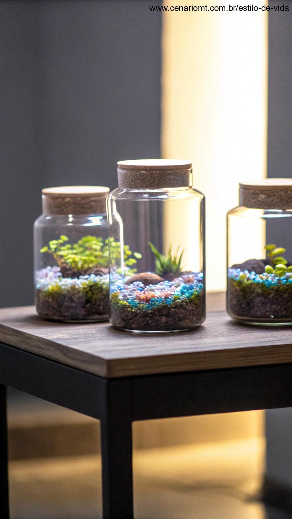 Terrário de mesa com frascos de vidro contendo pequenas plantas e pedras decorativas, colocado sobre uma mesa de madeira.