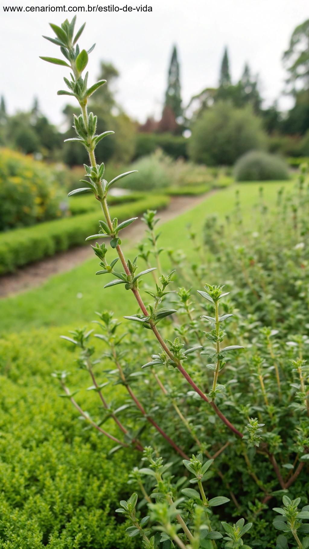 Um ramo de tomilho crescendo no jardim com pequenas folhas aromáticas.